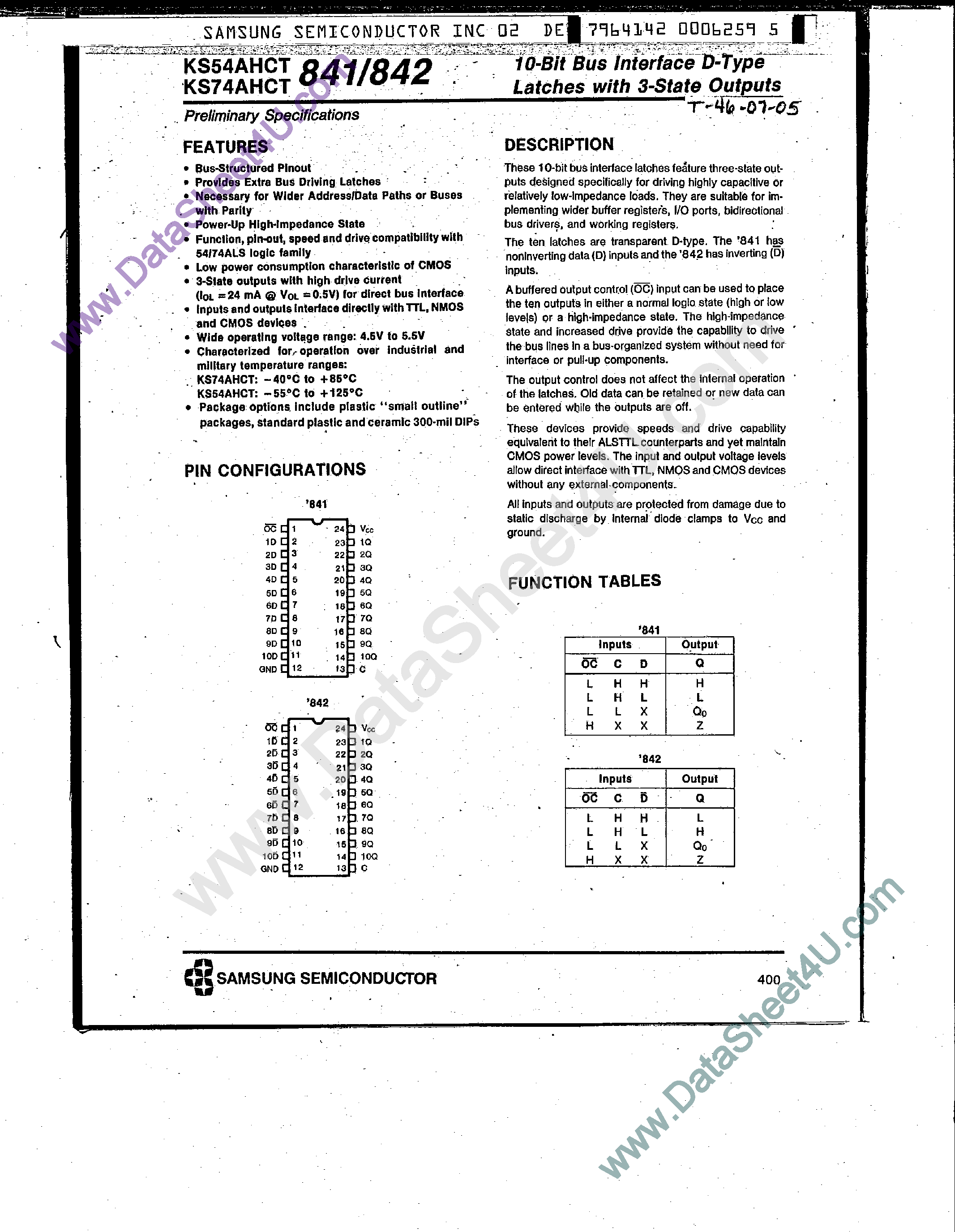 Даташит KS74AHCT841 - (KS74AHCT841 / KS74AHCT842) 10-Bit Bus Interface D-Type Latches страница 1