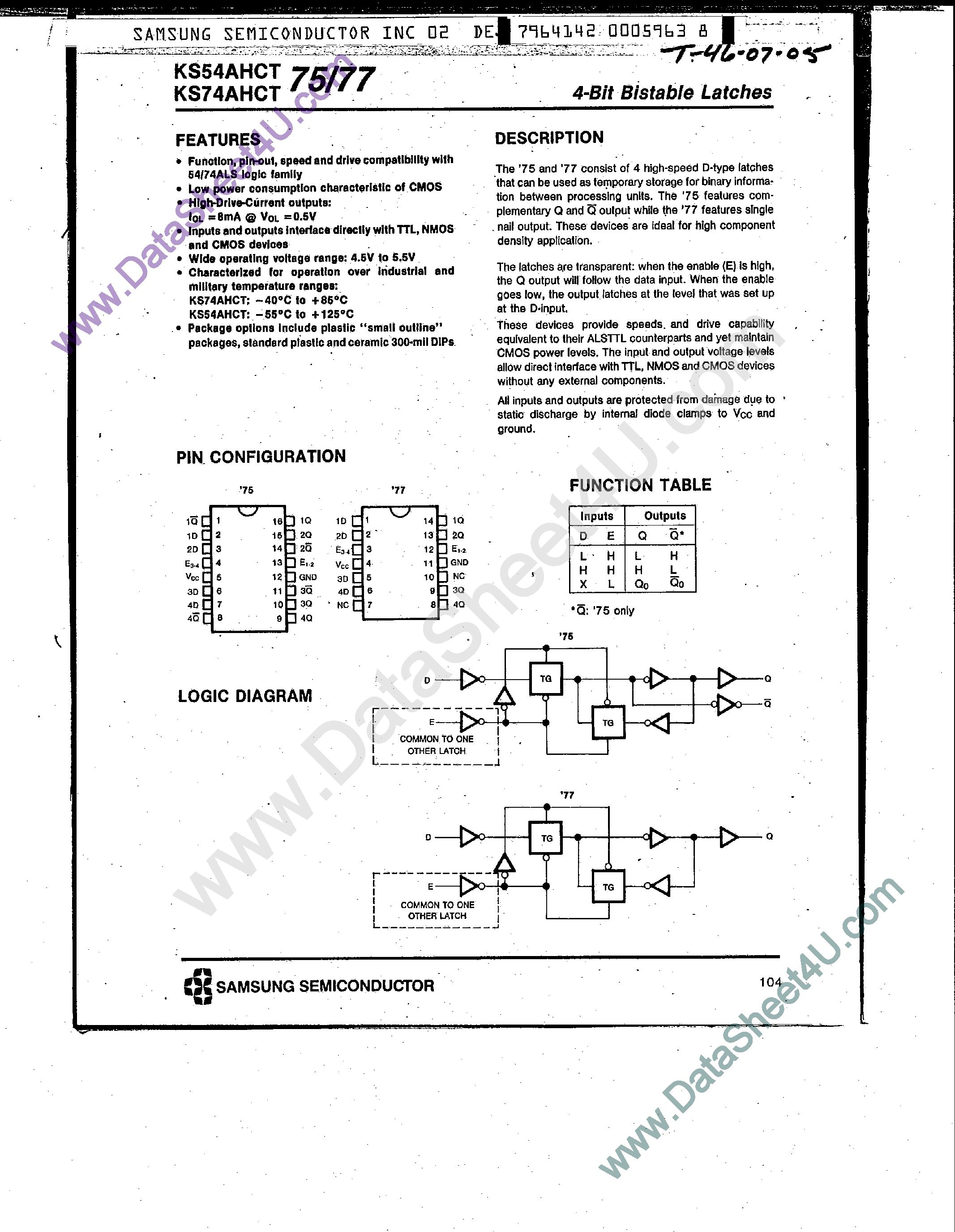 Datasheet KS74AHCT75 - (KS74AHCT75 / KS74AHCT77) 4-Bit Bistable Latches page 1
