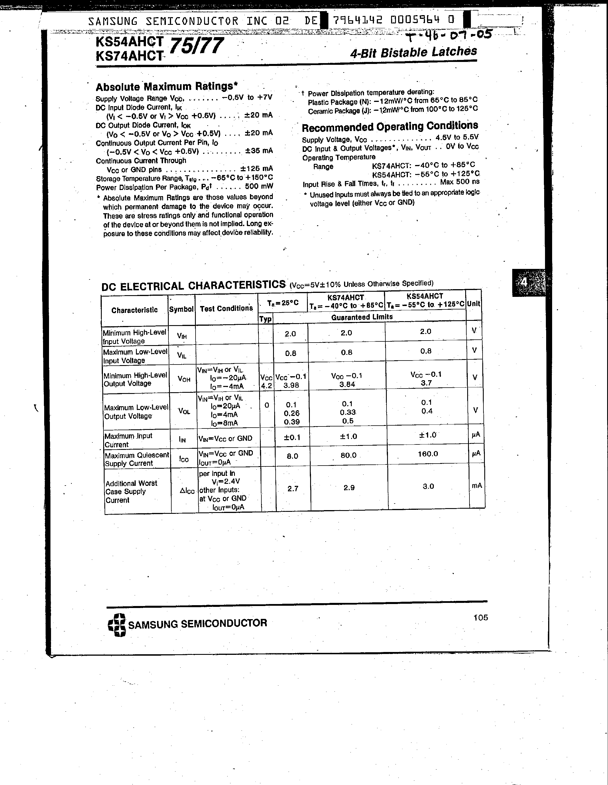 Datasheet KS74AHCT75 - (KS74AHCT75 / KS74AHCT77) 4-Bit Bistable Latches page 2