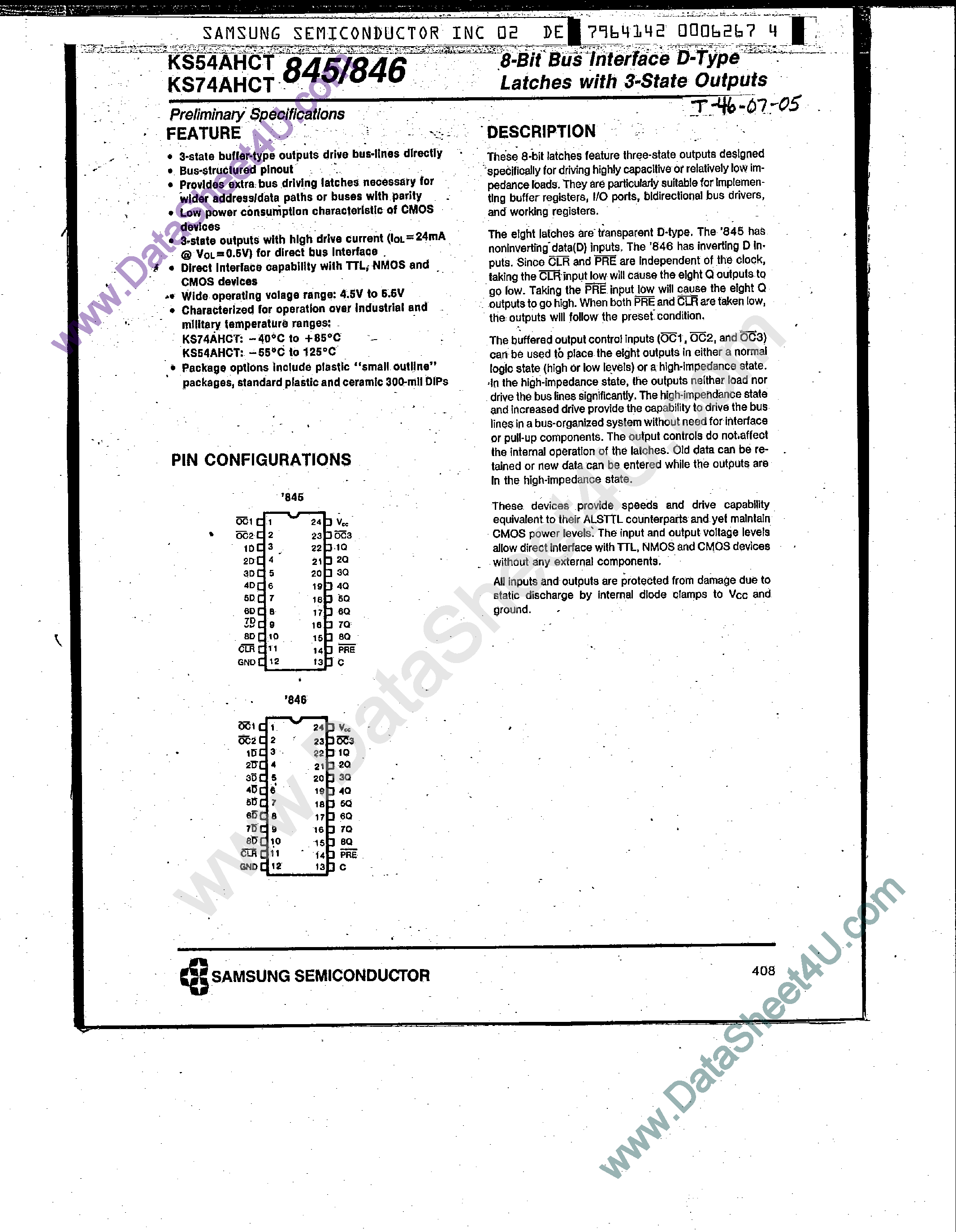 Даташит KS74AHCT845 - (KS74AHCT845 / KS74AHCT846) 8-Bit Bus Interface D-Type Latches страница 1