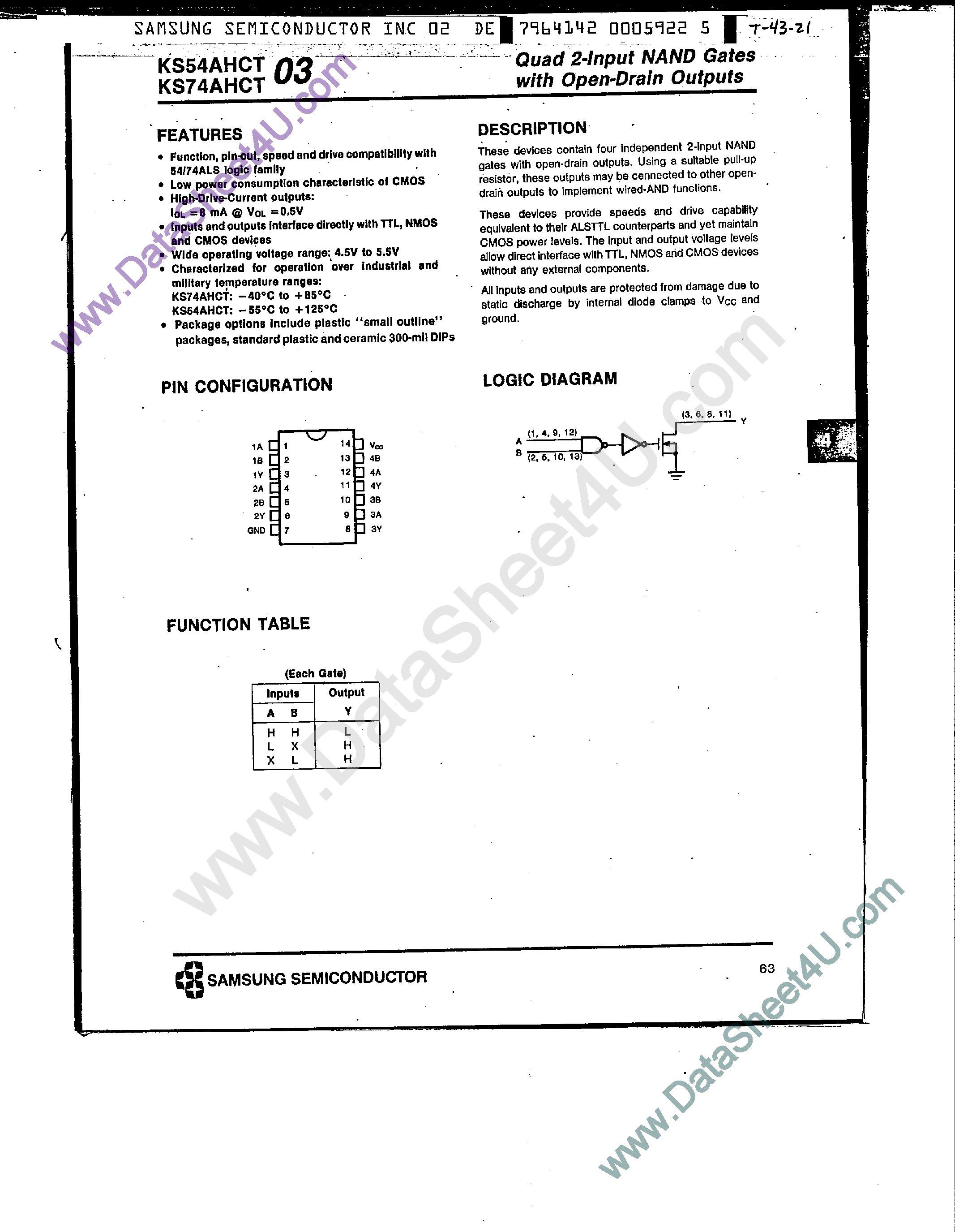 Datasheet KS74AHCT03 page 1 Datasheet KS74AHCT03 - Quad 2-Input NAND Gates page 1