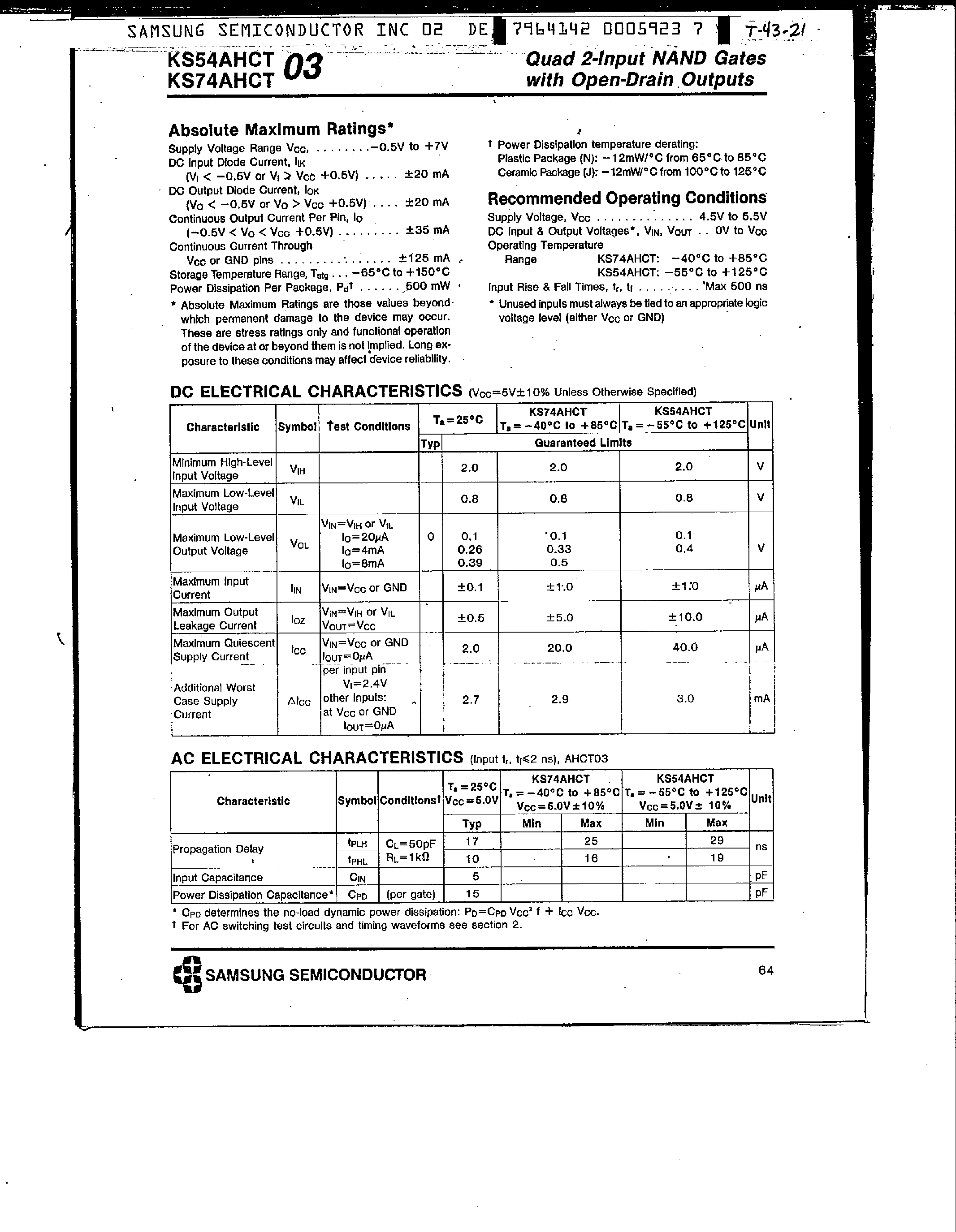 Datasheet KS74AHCT03 page 2 Datasheet KS74AHCT03 - Quad 2-Input NAND Gates page 2
