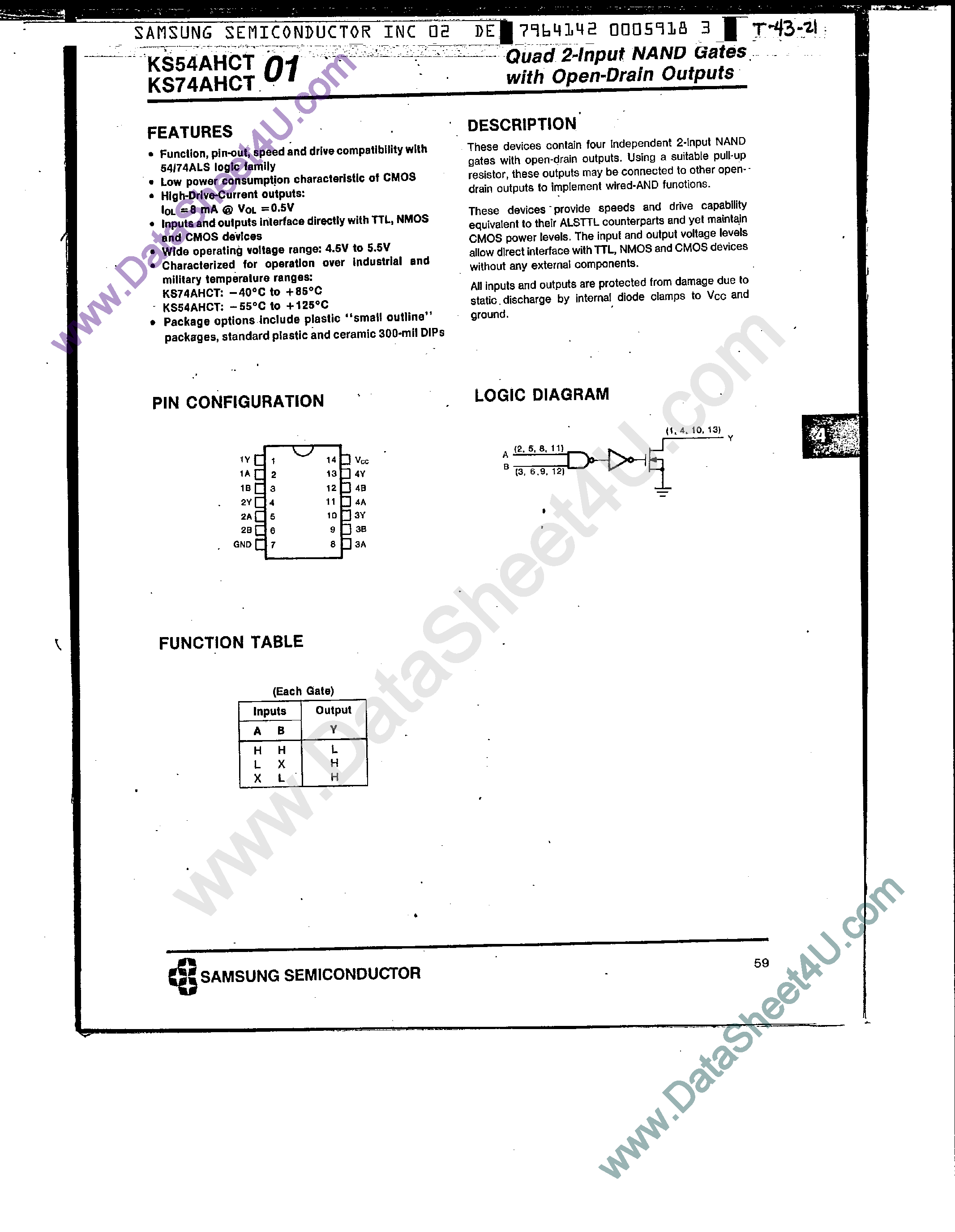Datasheet KS74AHCT01 page 1 Datasheet KS74AHCT01 - Quad 2-Input NAND Gates page 1