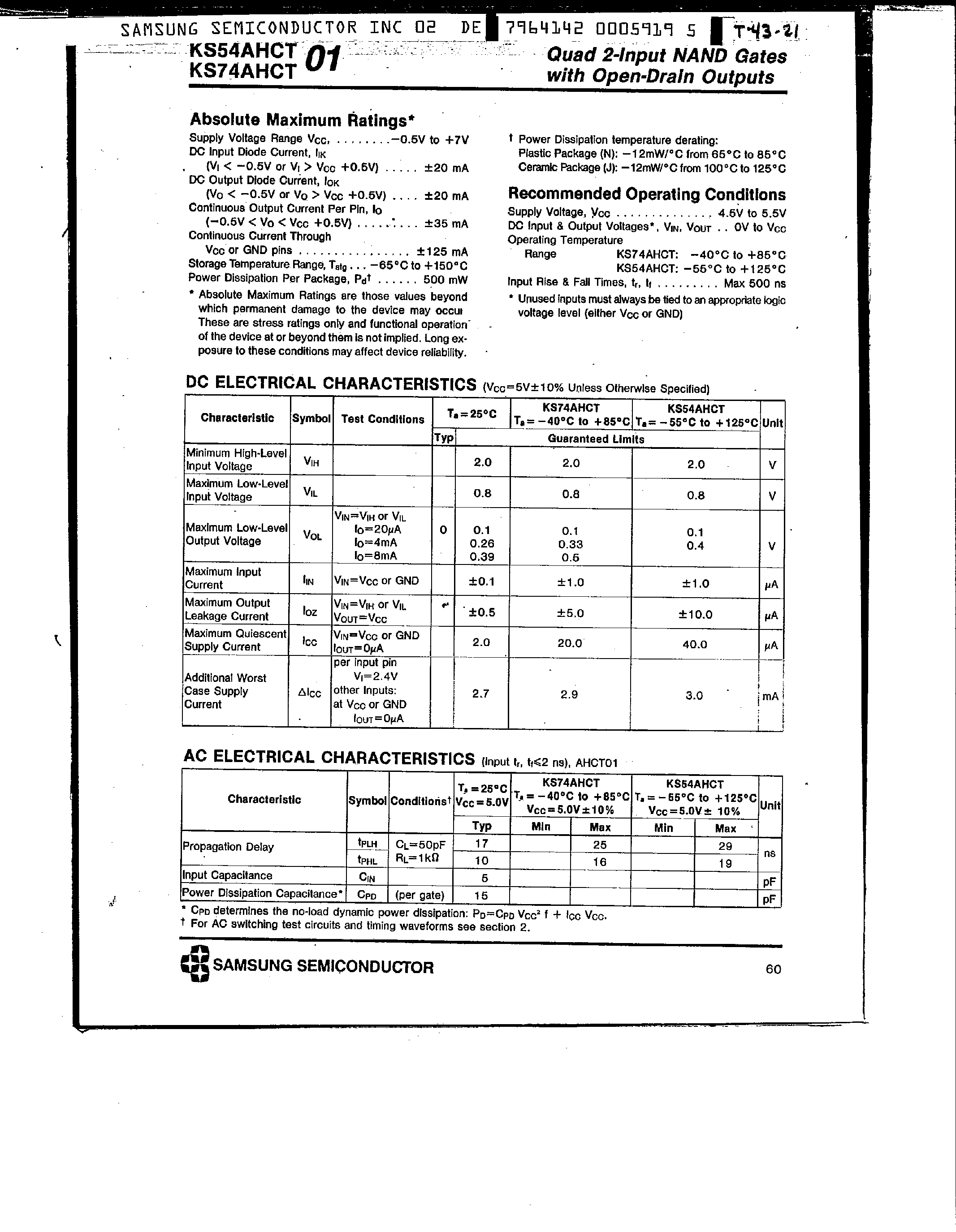 Datasheet KS74AHCT01 page 2 Datasheet KS74AHCT01 - Quad 2-Input NAND Gates page 2