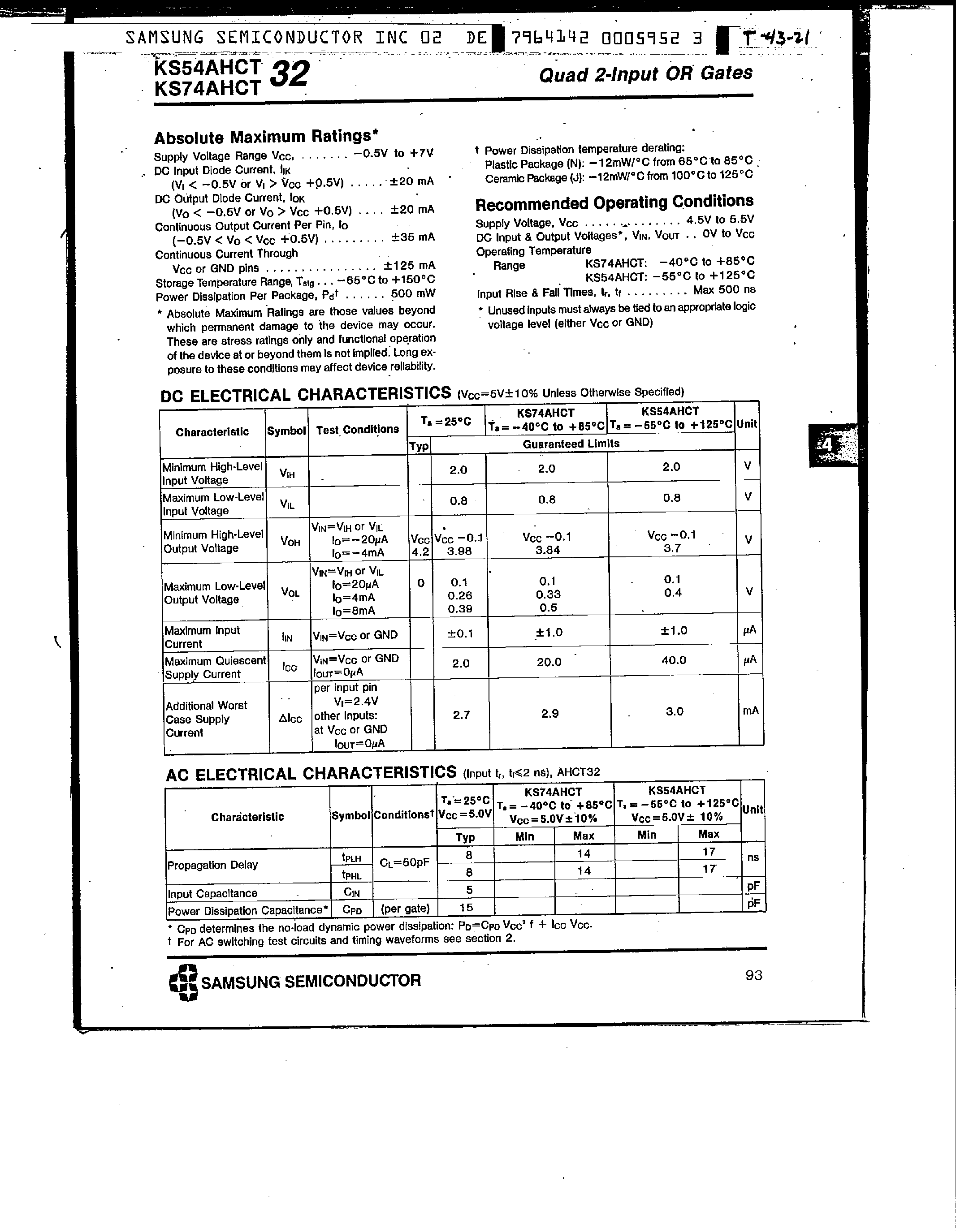 Datasheet KS74AHCT32 page 2 Datasheet KS74AHCT32 - Quad 2-Input OR Gate page 2