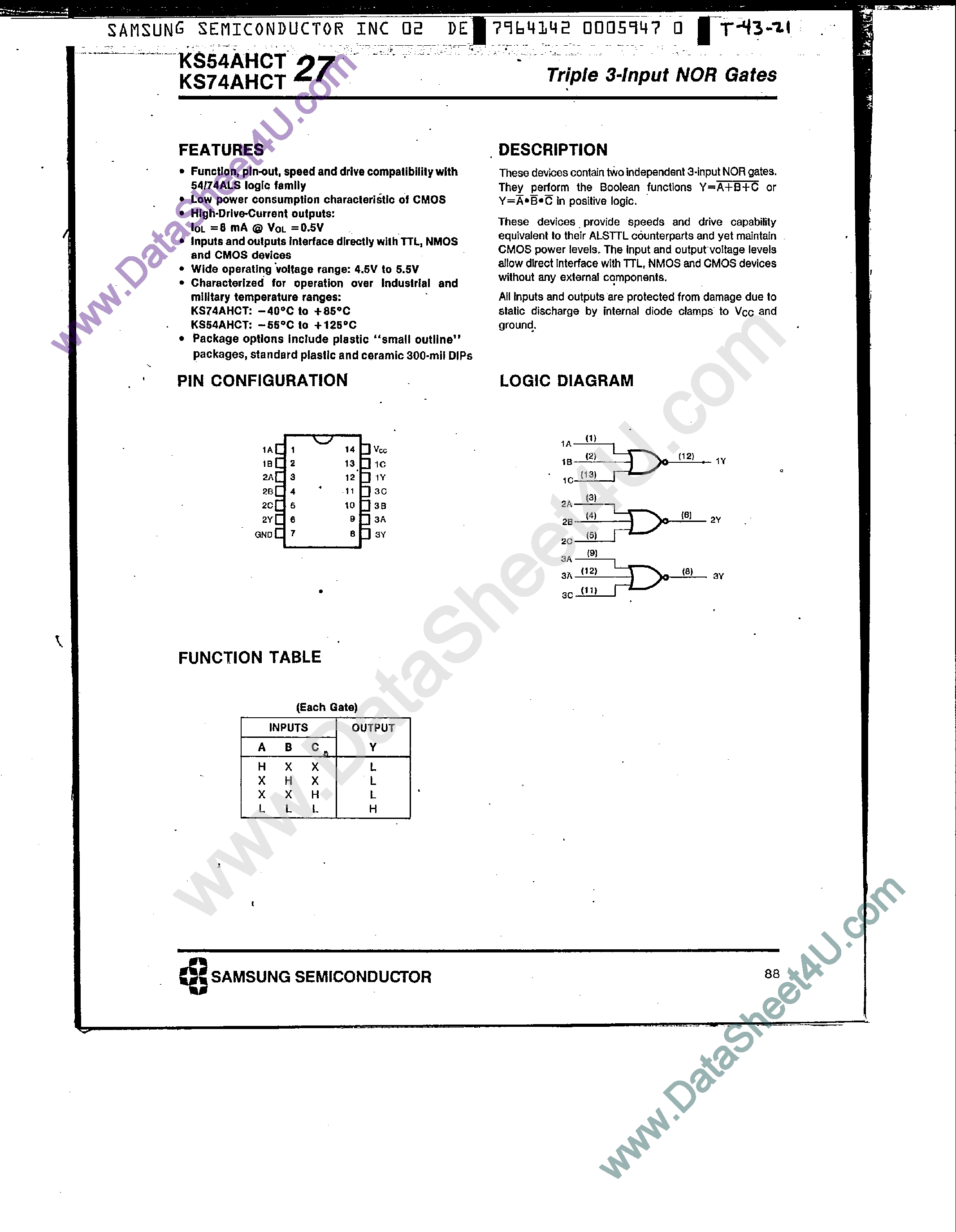 Datasheet KS74AHCT27 - Triple 3-Input NOR Gates page 1