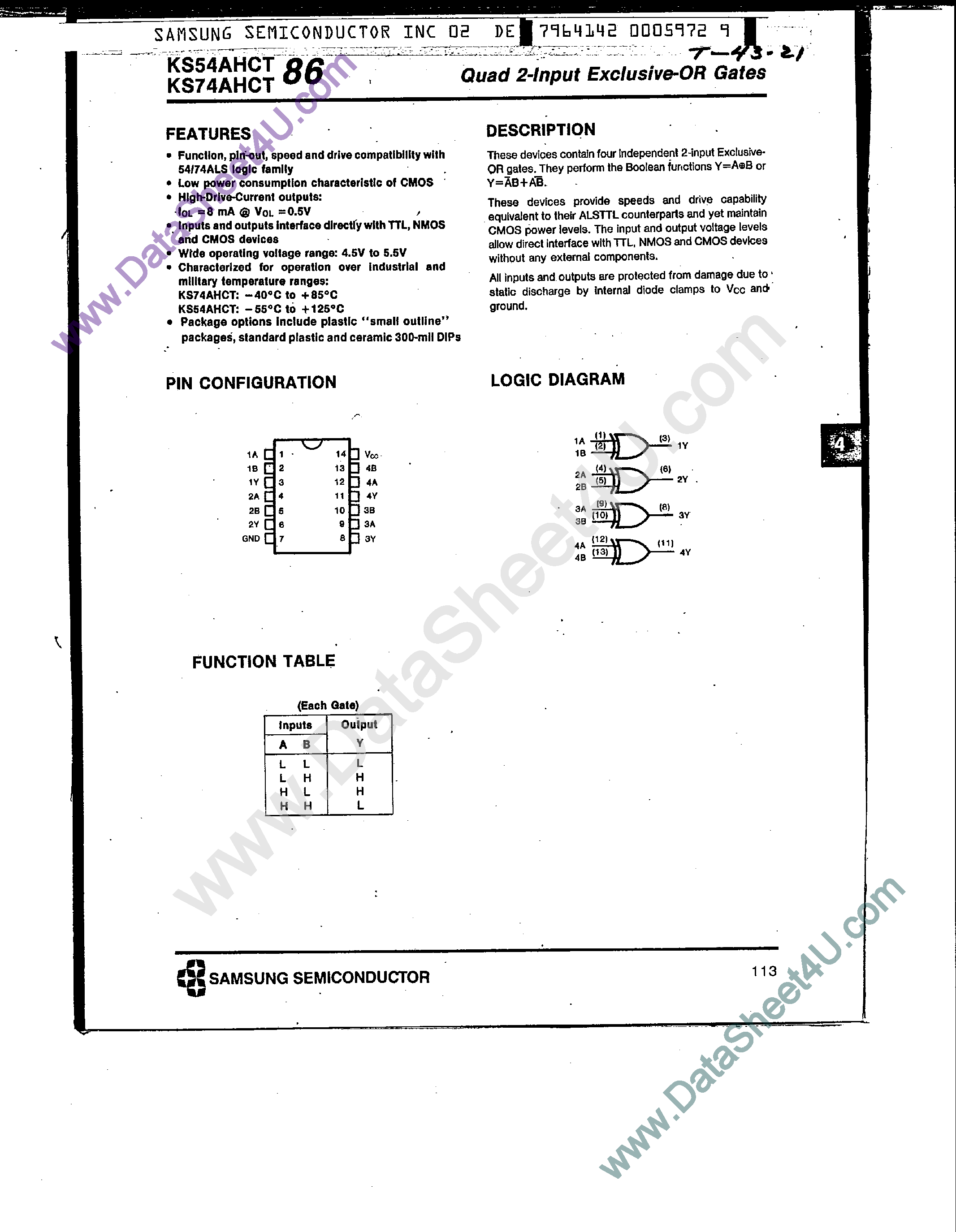 Datasheet KS74AHCT86 page 1 Datasheet KS74AHCT86 - Quad 2-Input Exclusive-OR Gates page 1