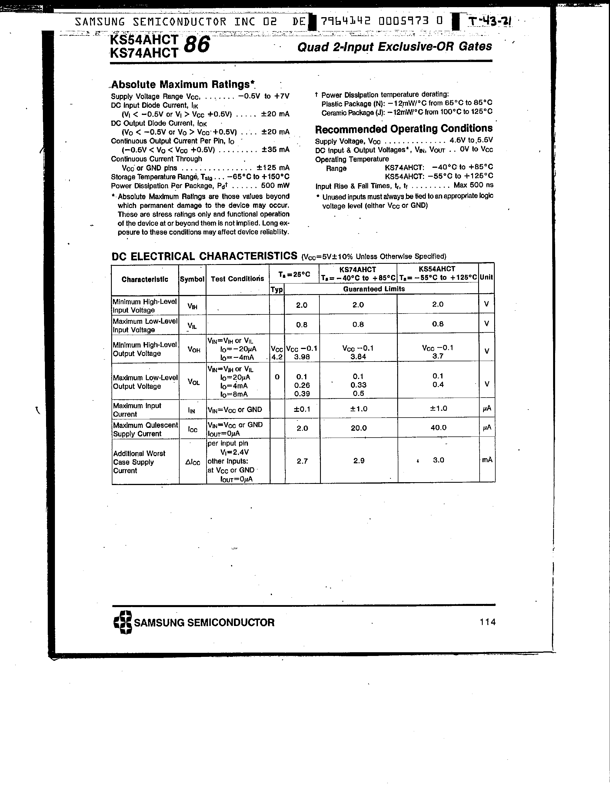 Datasheet KS74AHCT86 page 2 Datasheet KS74AHCT86 - Quad 2-Input Exclusive-OR Gates page 2