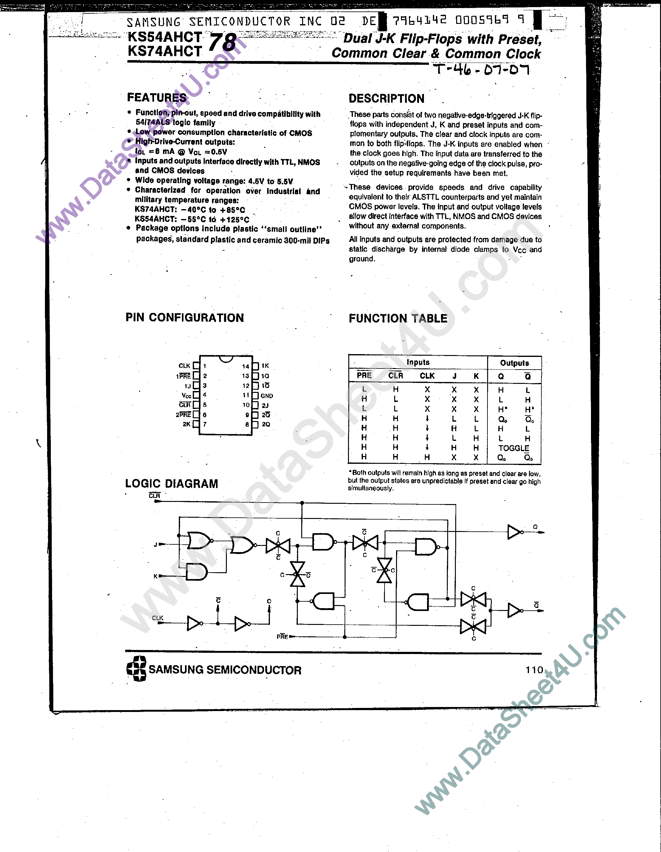 Datasheet KS74AHCT78 - Dual J-K Flip-Flops page 1