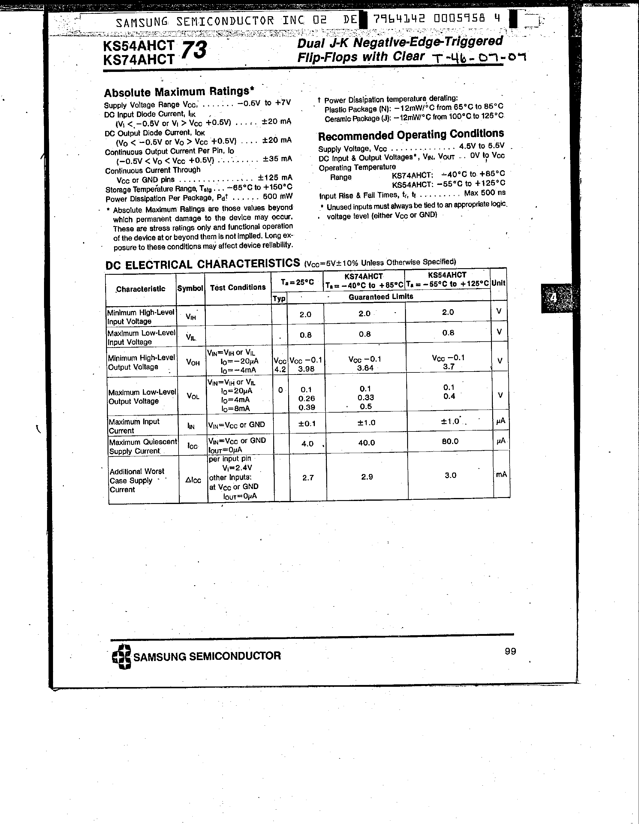 Datasheet KS74AHCT73 - Dual J-K Negative-Edge-Triggered Flip-Flops page 2