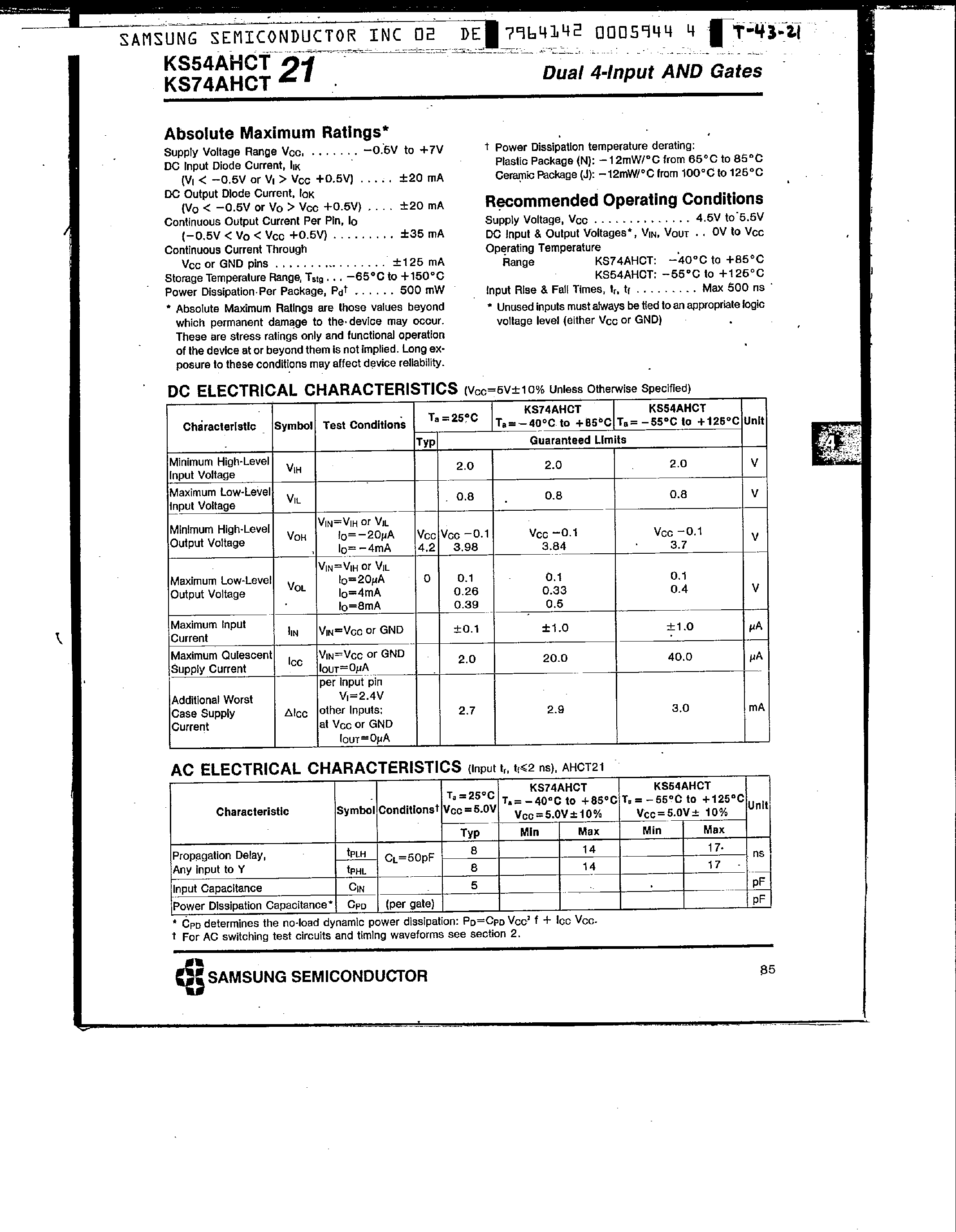 Datasheet KS74AHCT21 - Dual 4-Input AND Gates page 2