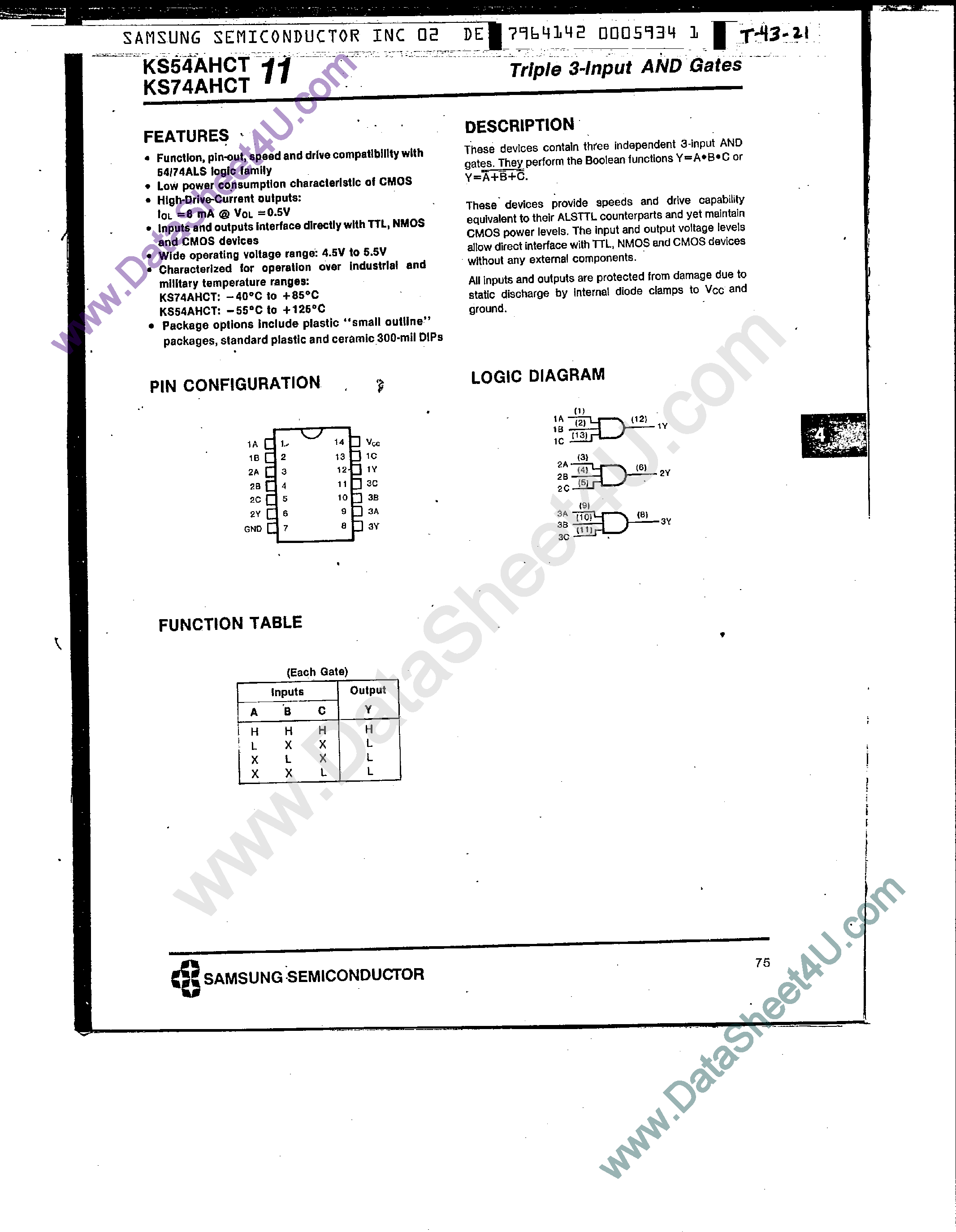 Datasheet KS74AHCT11 - Triple 3-Input AND Gates page 1