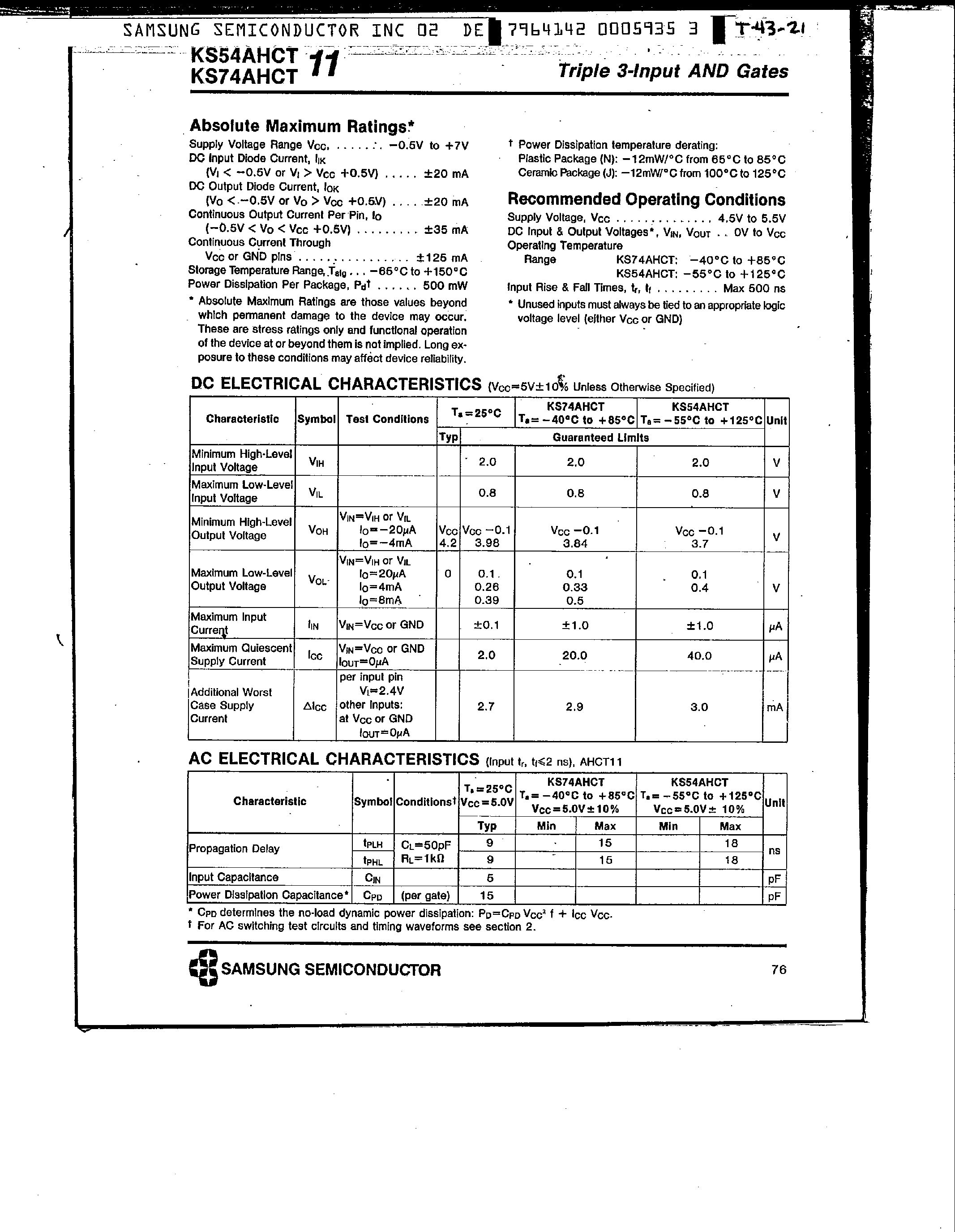 Datasheet KS74AHCT11 - Triple 3-Input AND Gates page 2