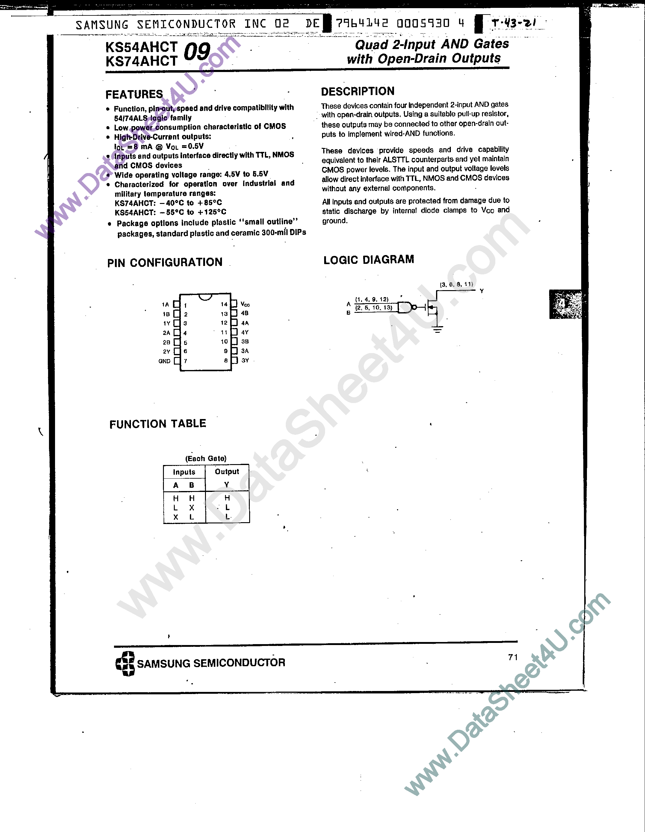 Datasheet KS74AHCT09 page 1 Datasheet KS74AHCT09 - Quad 2-Input AND Gates page 1