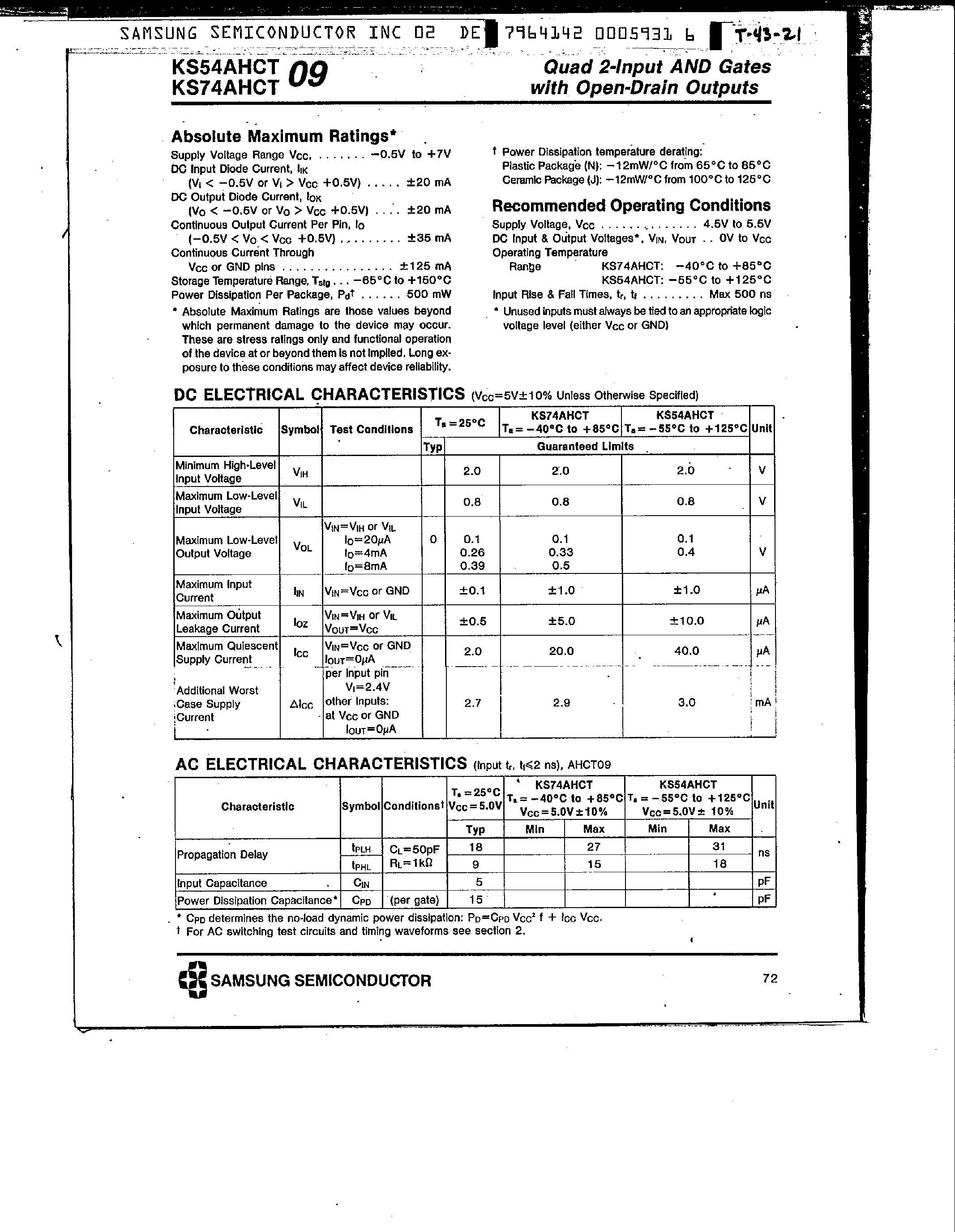 Datasheet KS74AHCT09 page 2 Datasheet KS74AHCT09 - Quad 2-Input AND Gates page 2