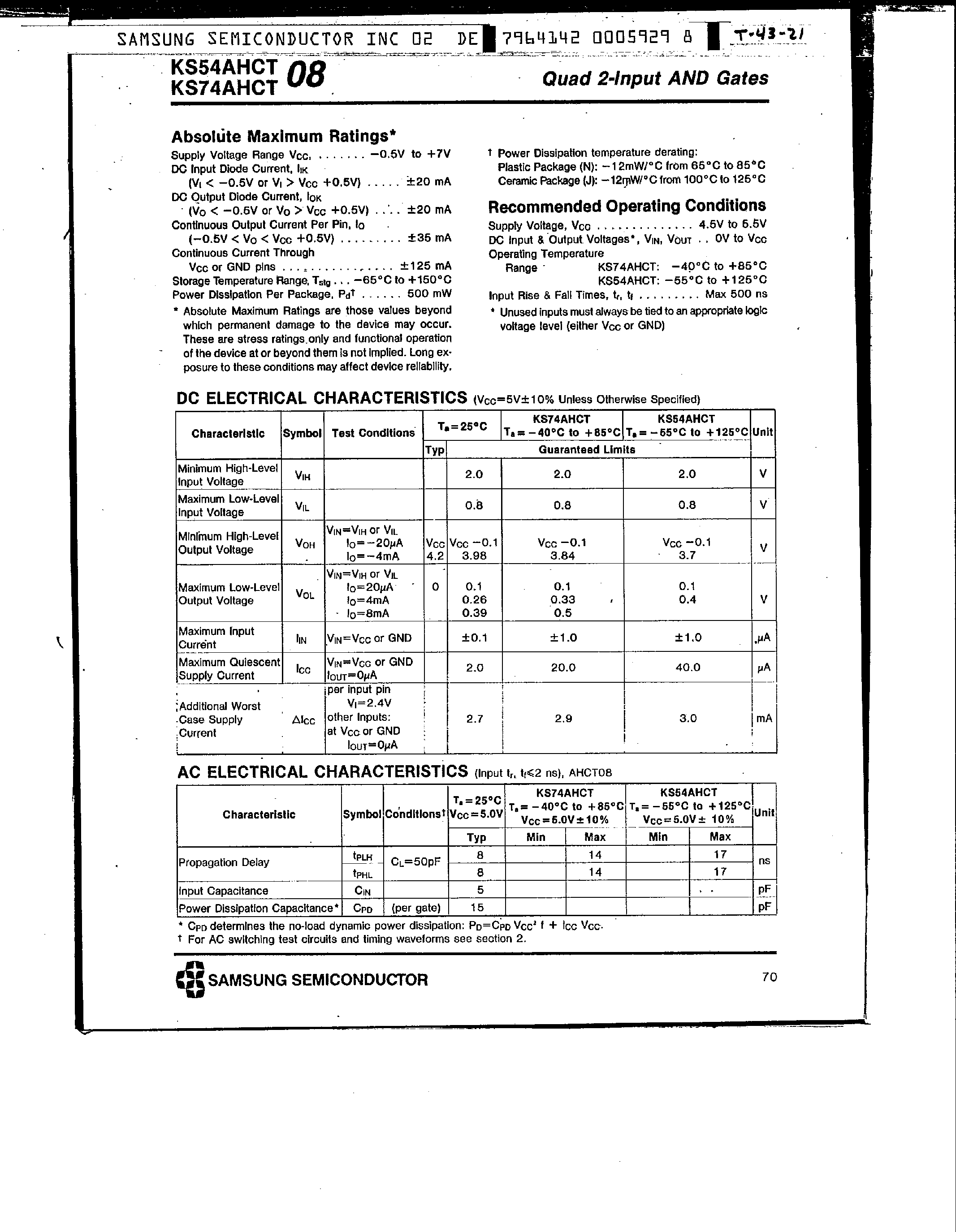 Datasheet KS74AHCT08 page 2 Datasheet KS74AHCT08 - Quad 2-Input AND Gates page 2