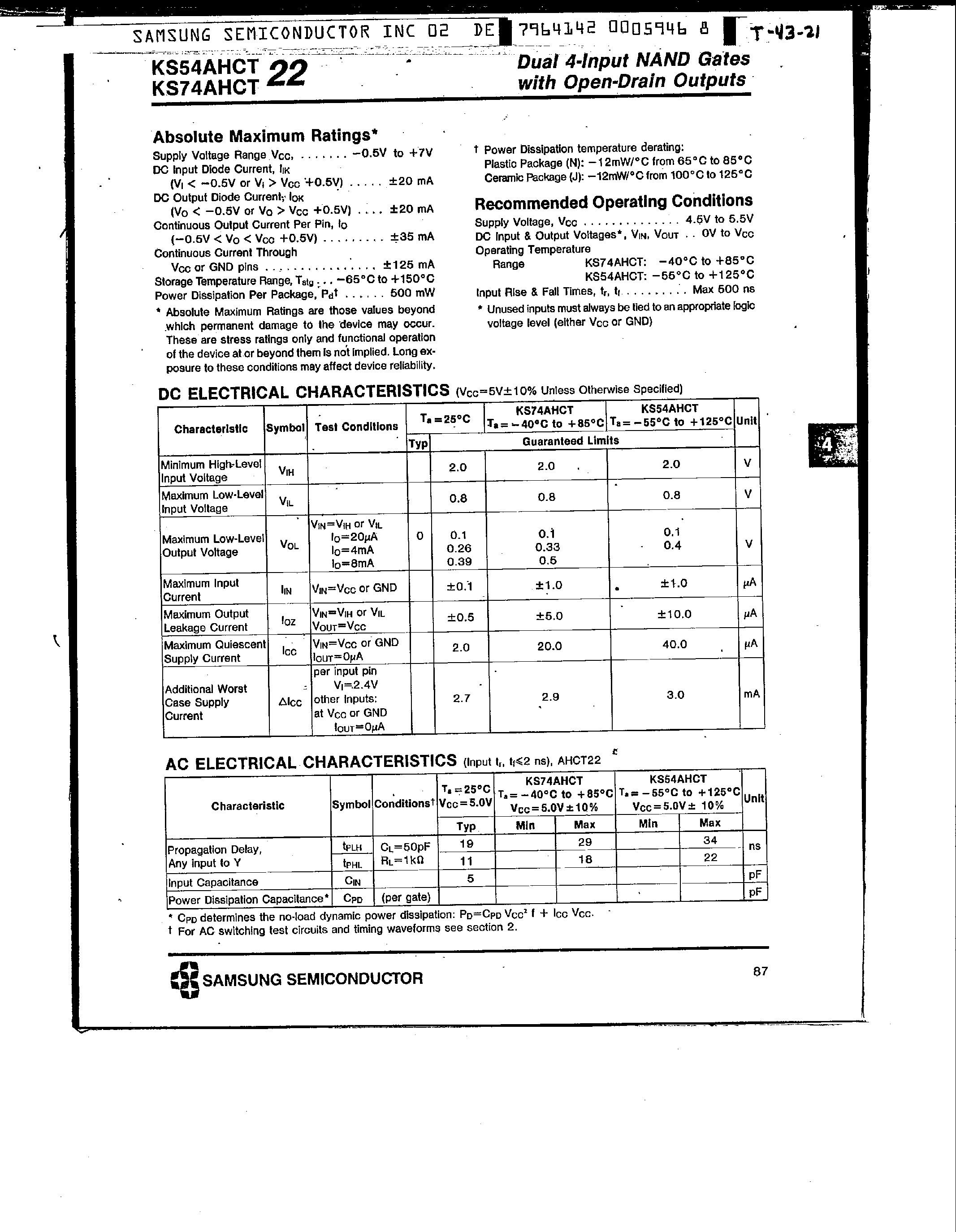 Datasheet KS74AHCT22 - Dual 4-Input NAND Gates page 2