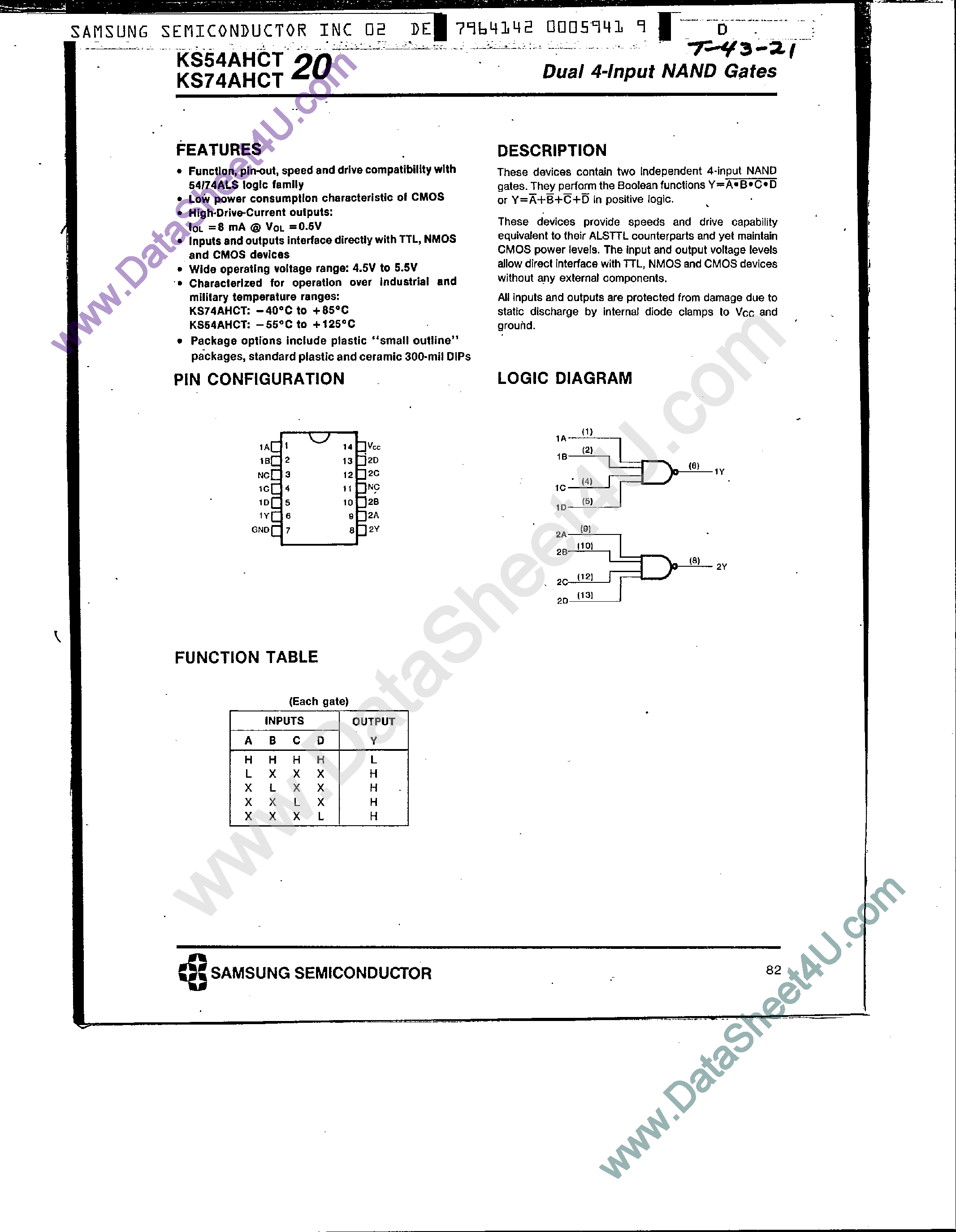Datasheet KS74AHCT20 - Dual 4-Input NAND Gates page 1
