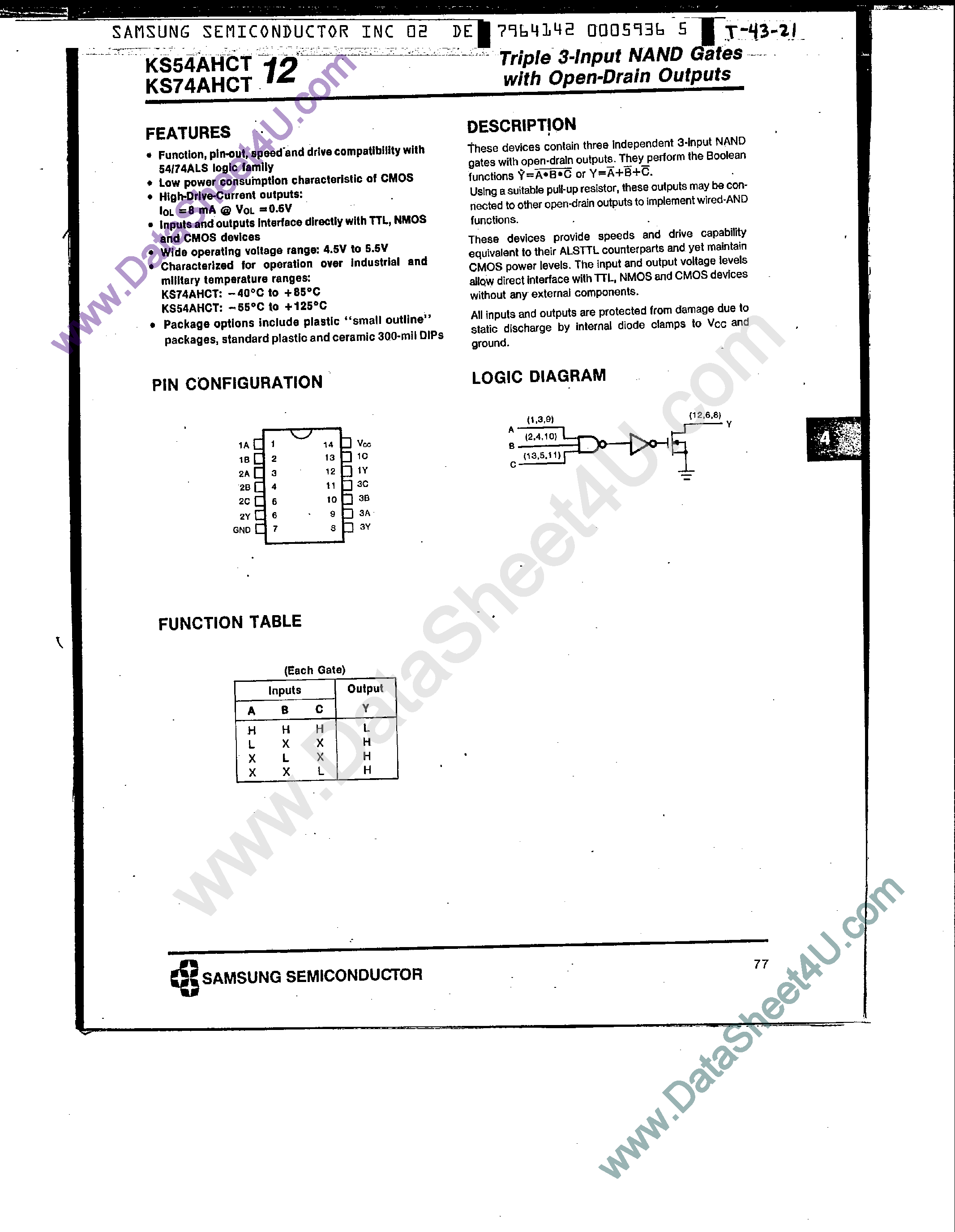 Datasheet KS74AHCT12 - Triple 3-Input NAND Gates page 1