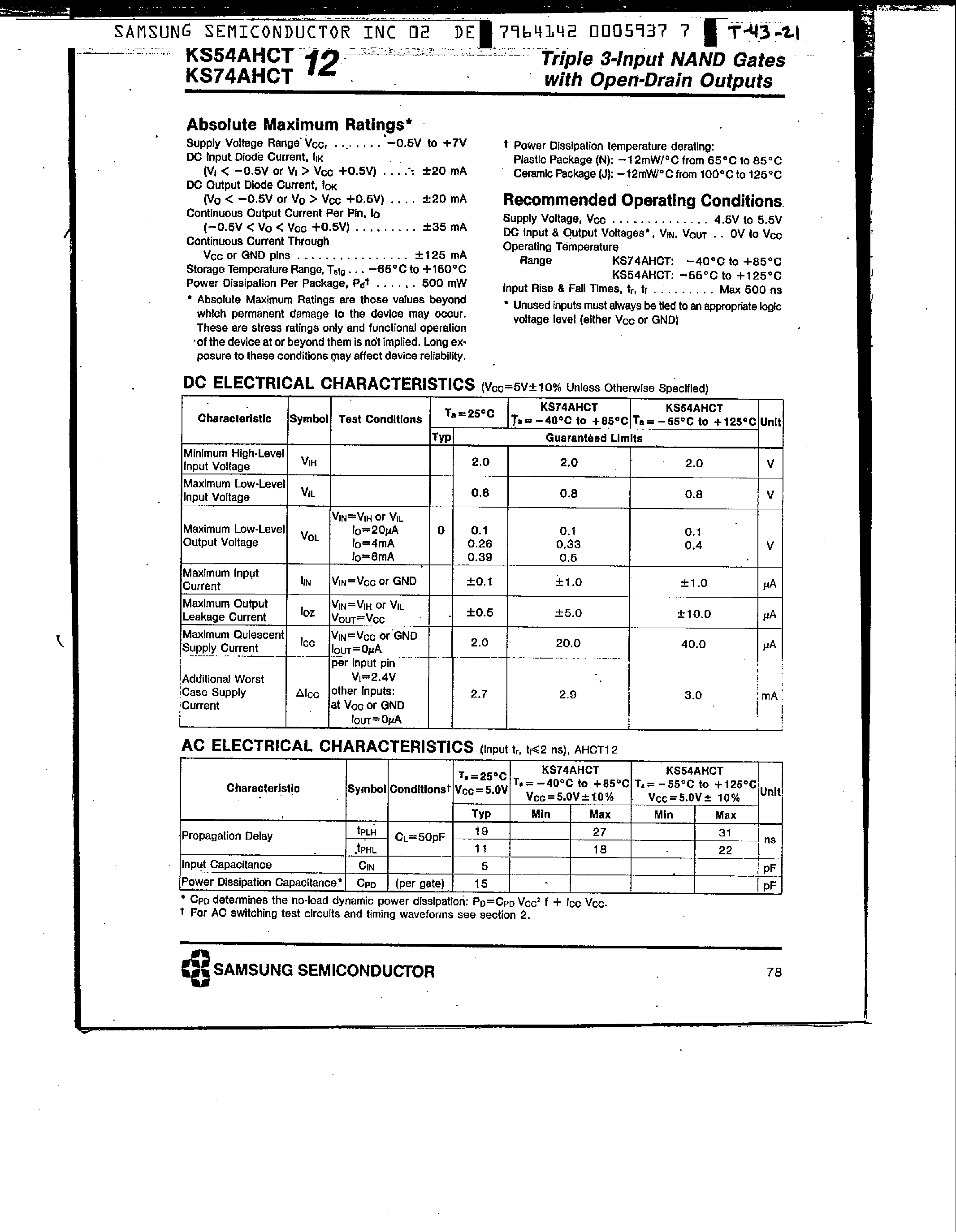 Datasheet KS74AHCT12 - Triple 3-Input NAND Gates page 2