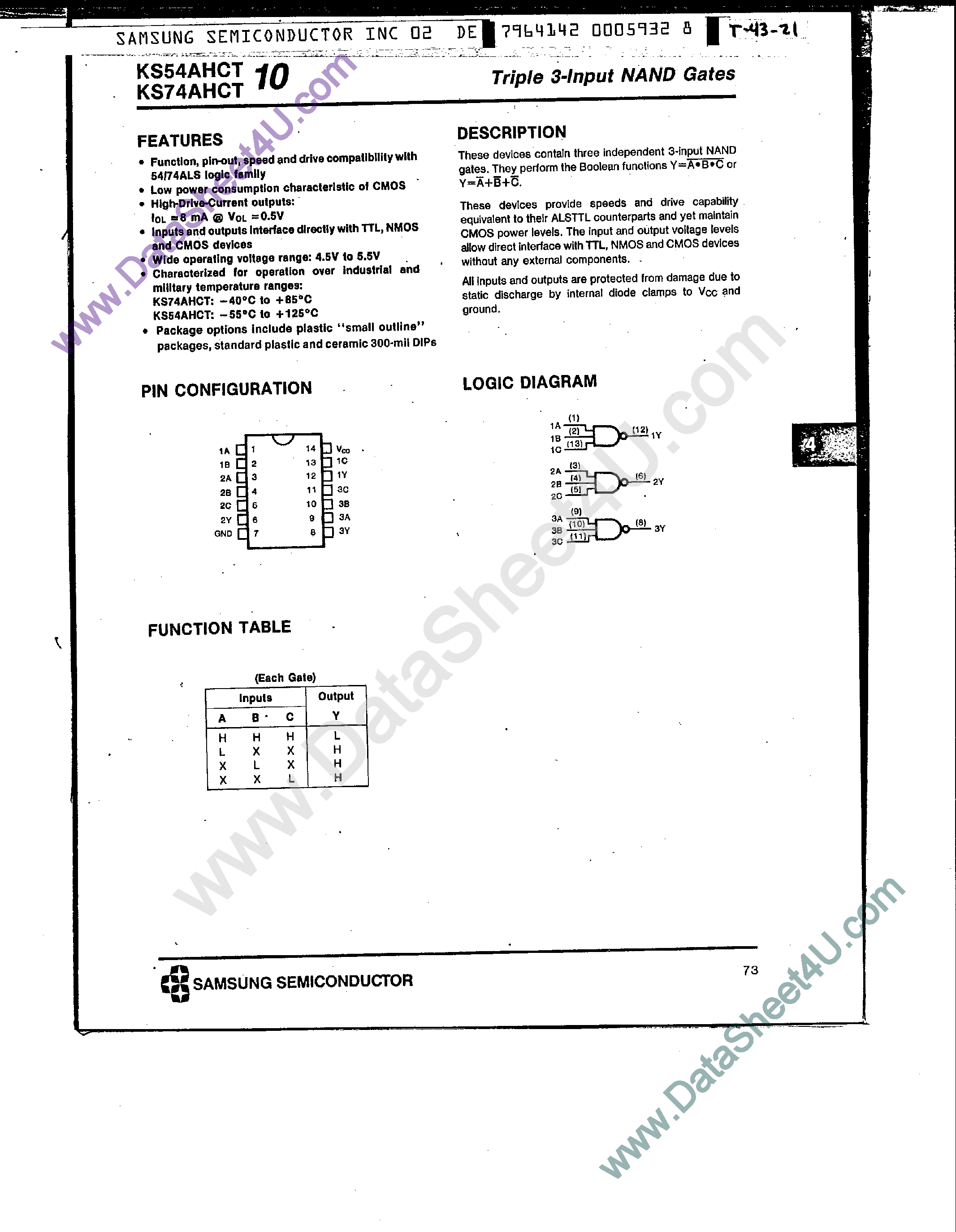 Datasheet KS74AHCT10 - Triple 3-Input NAND Gates page 1