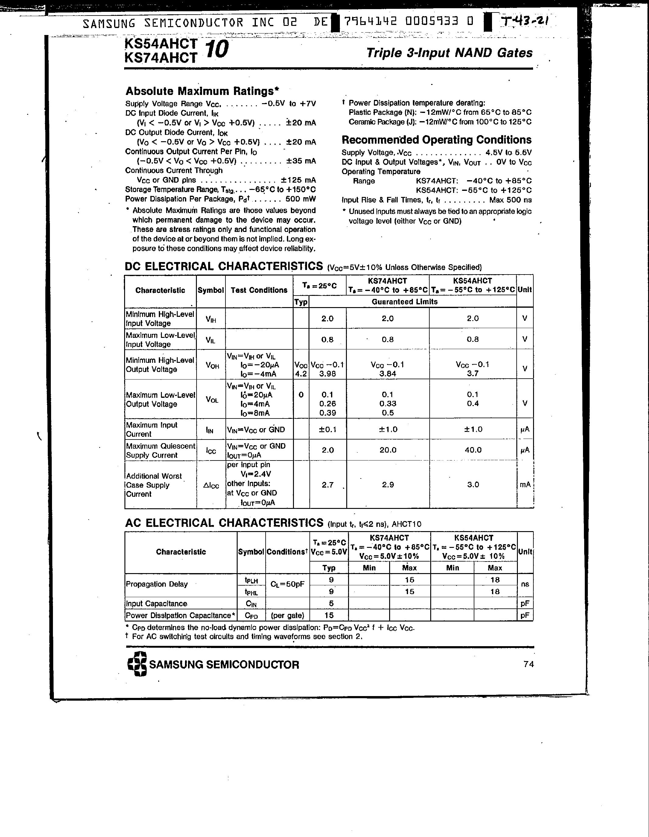 Datasheet KS74AHCT10 - Triple 3-Input NAND Gates page 2