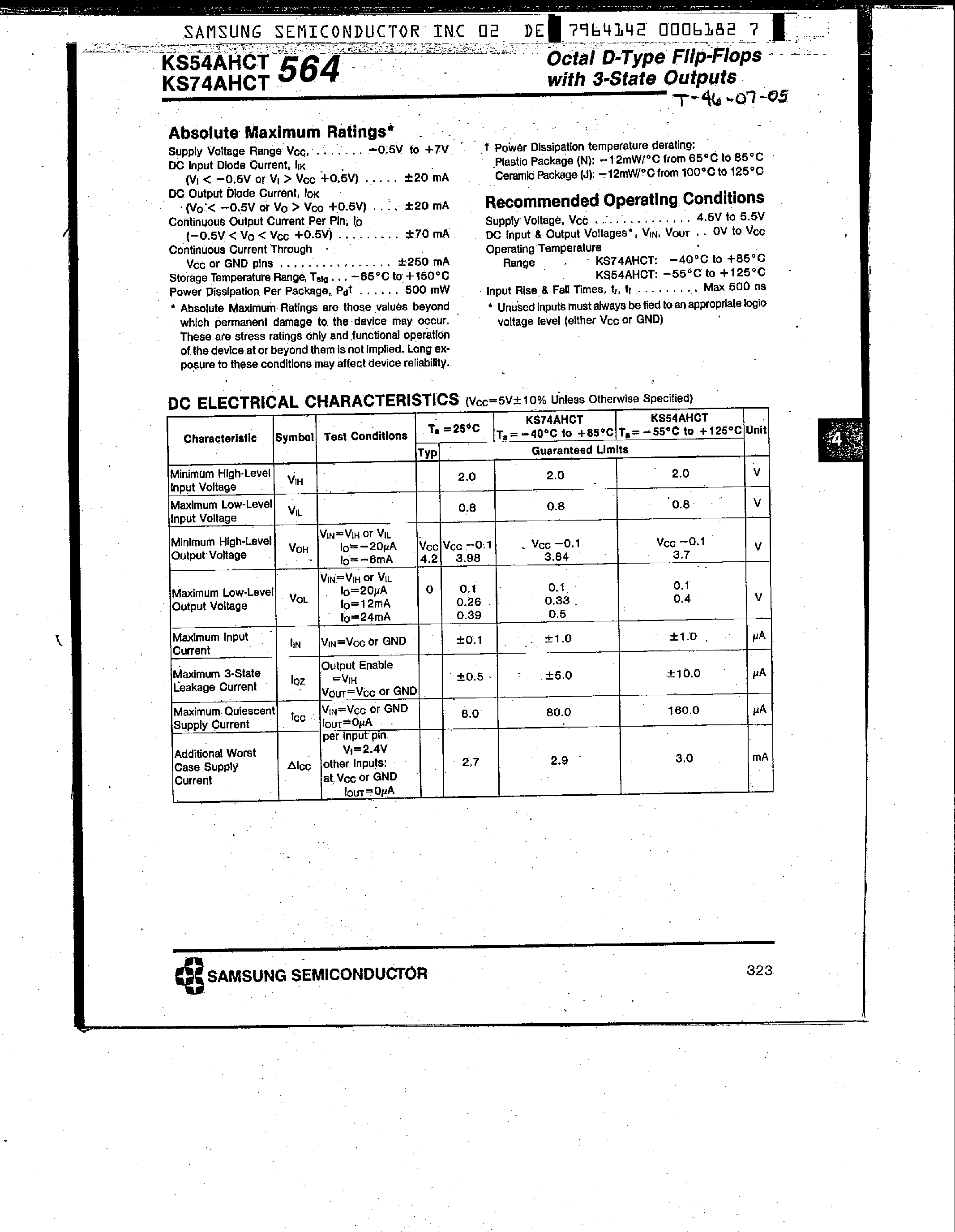Даташит на микросхему KS74AHCT564 страница 2 Даташит KS74AHCT564 - Octal D-Type Flip-Flops страница 2