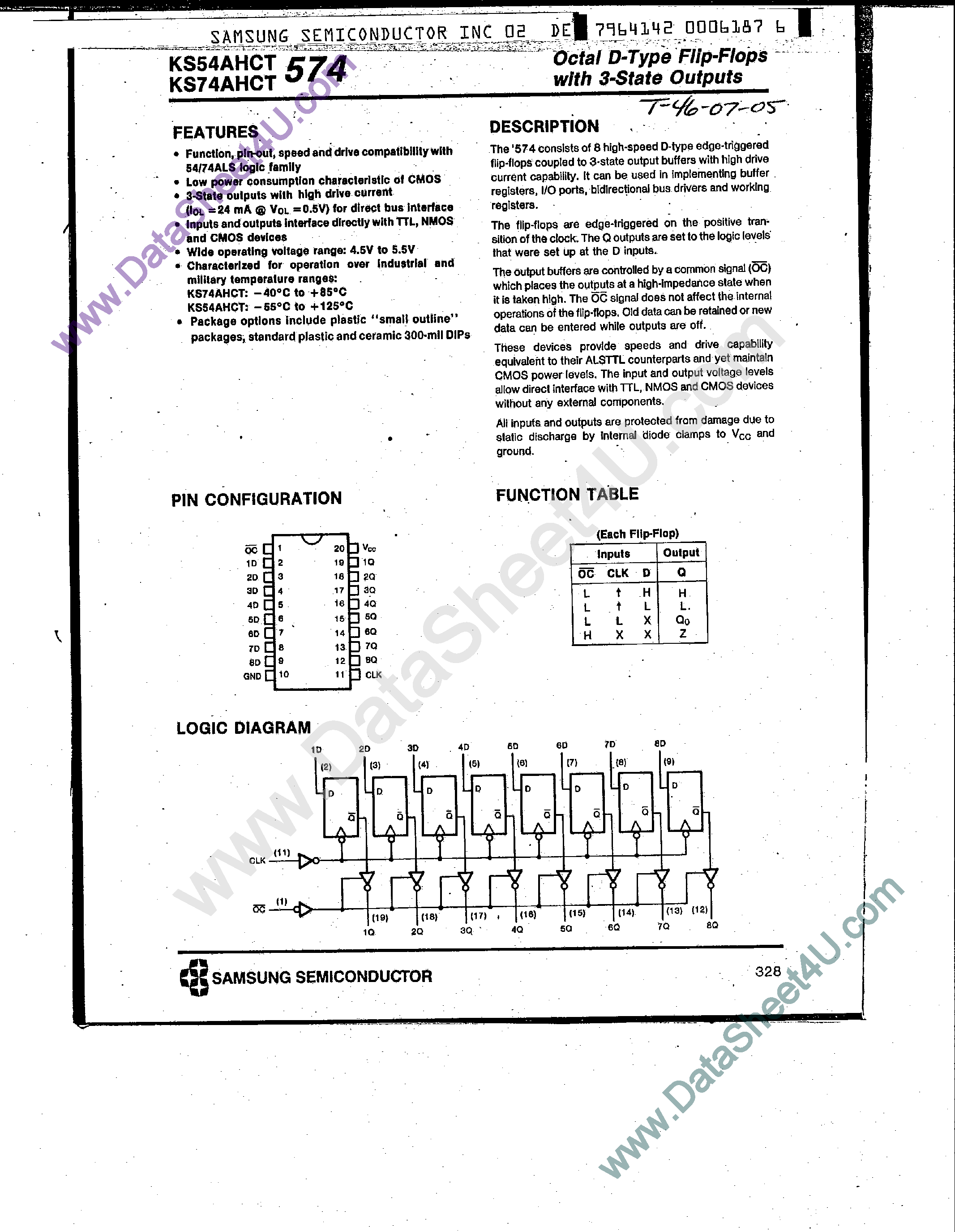 Даташит KS74AHCT574 - Octal D-Type Flip-Flops страница 1