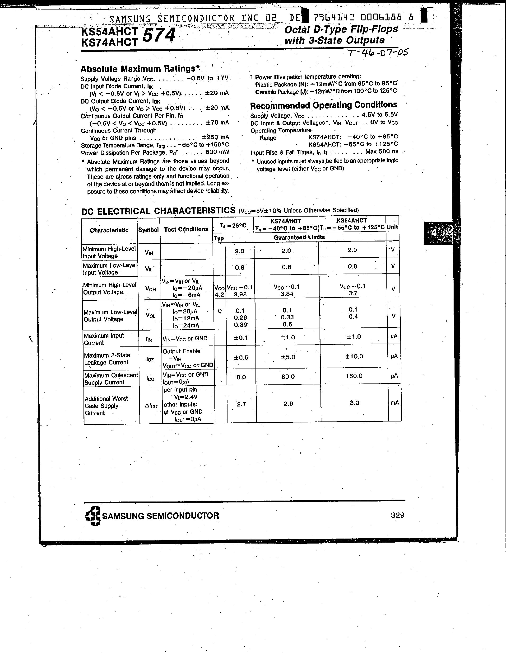 Даташит KS74AHCT574 - Octal D-Type Flip-Flops страница 2