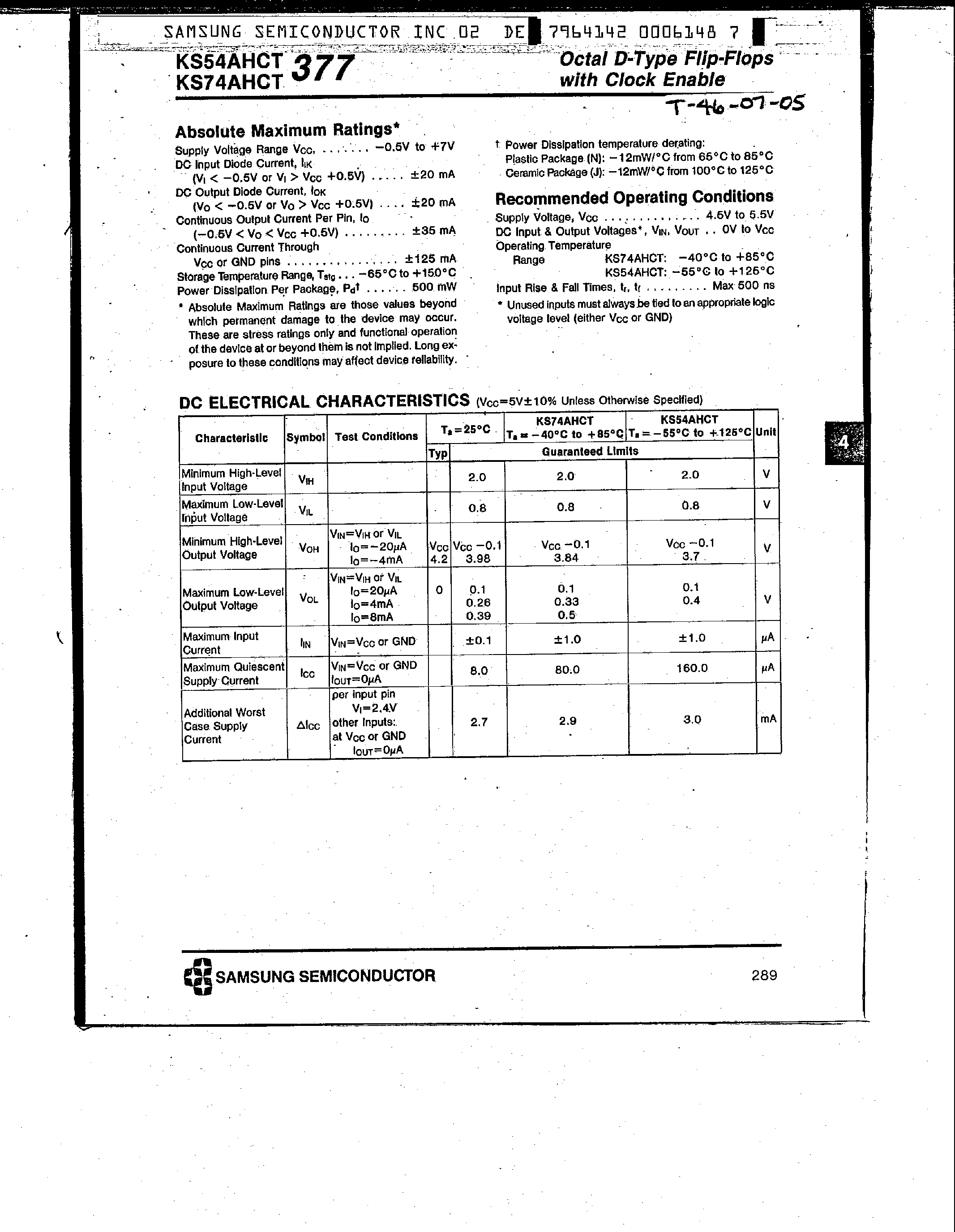 Даташит на микросхему KS74AHCT377 страница 2 Даташит KS74AHCT377 - Octal D-Type Flip-Flops страница 2