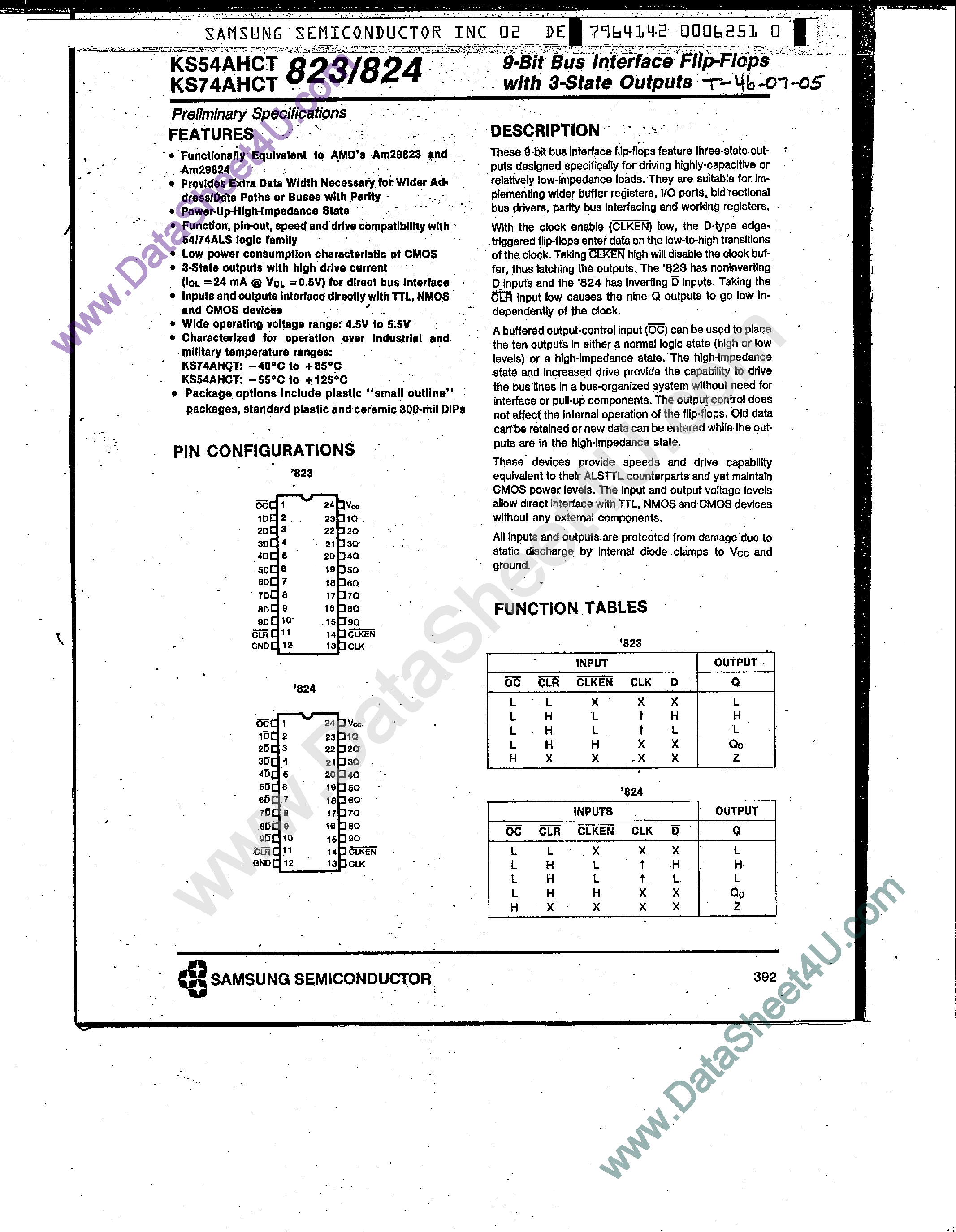 Datasheet KS74AHCT823 - (KS74AHCT823 / KS74AHCT824) 9-Bit Bus Interface Flip-Flops page 1