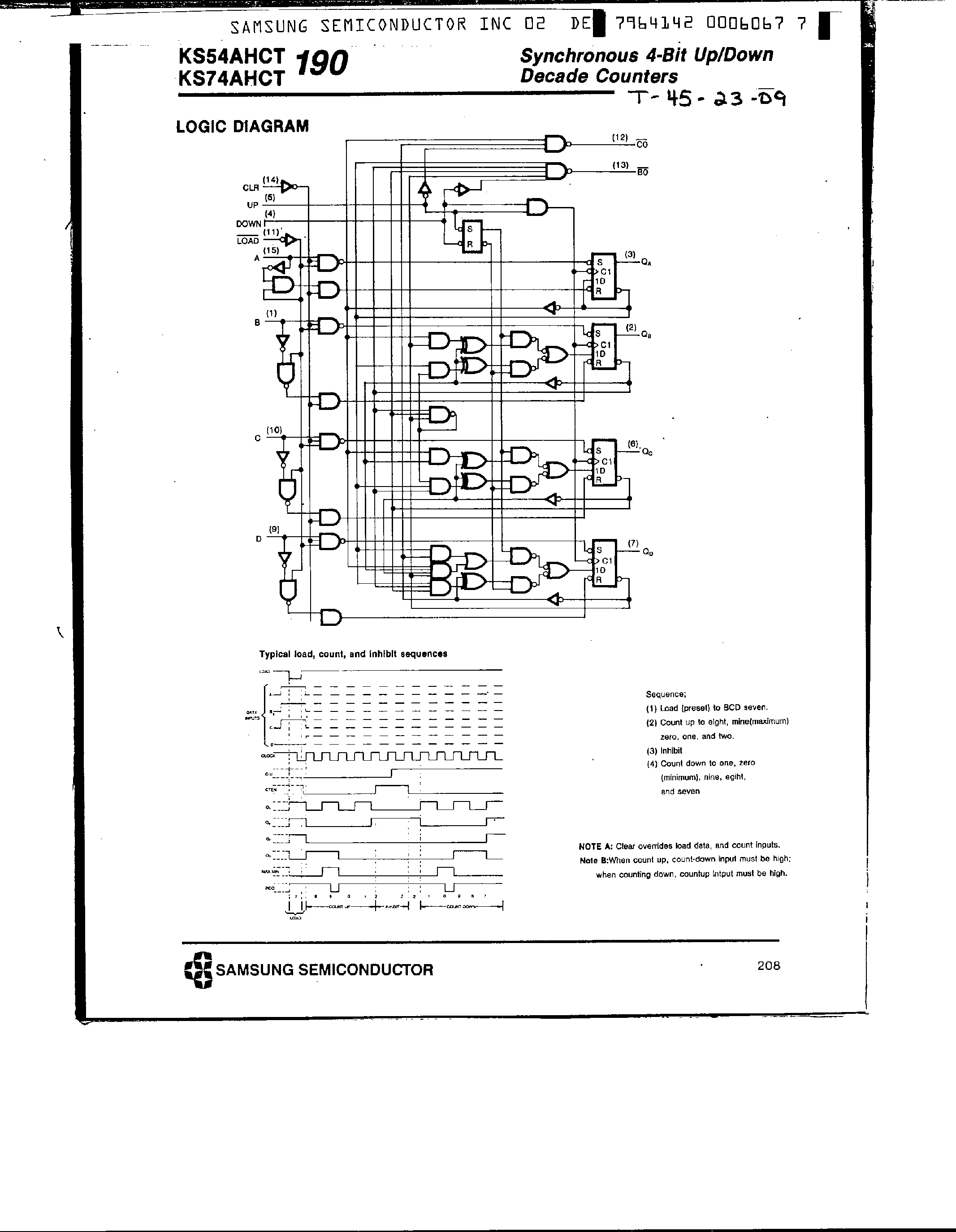 Datasheet KS74AHCT190 - Synchronous 4-Bit Up/Down Decade Counters page 2