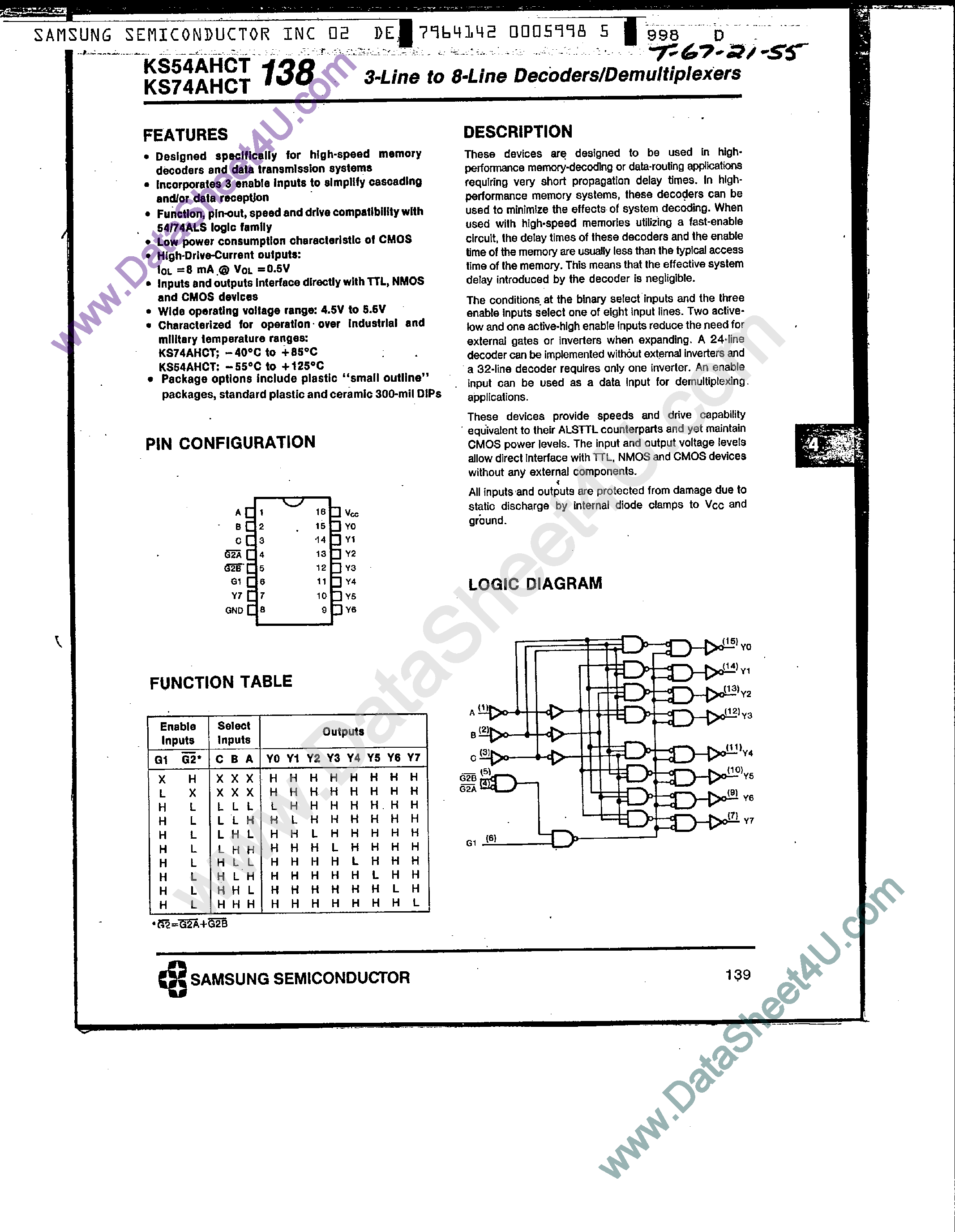 Datasheet KS74AHCT138 - 3-Line 8-Line Decoder / Demultiplexers page 1