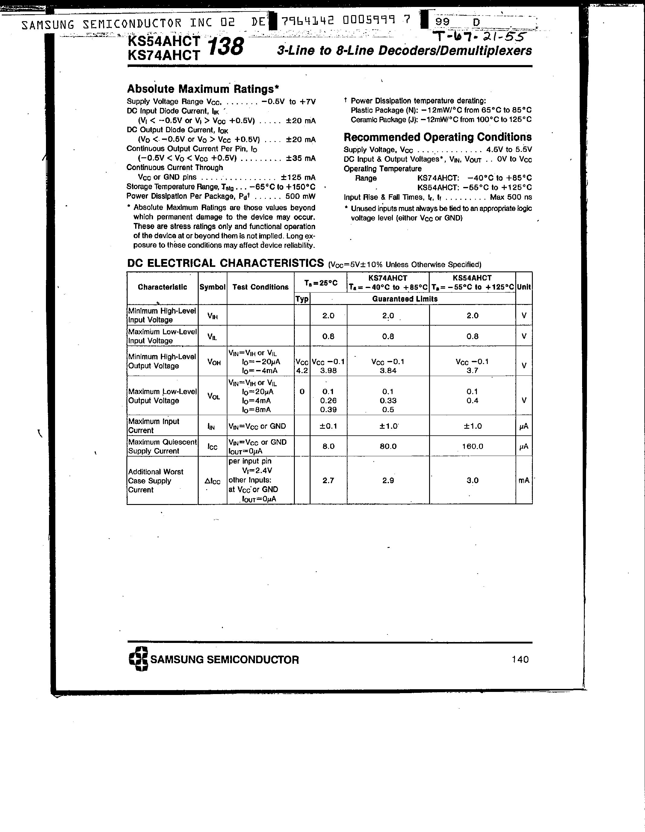 Datasheet KS74AHCT138 - 3-Line 8-Line Decoder / Demultiplexers page 2