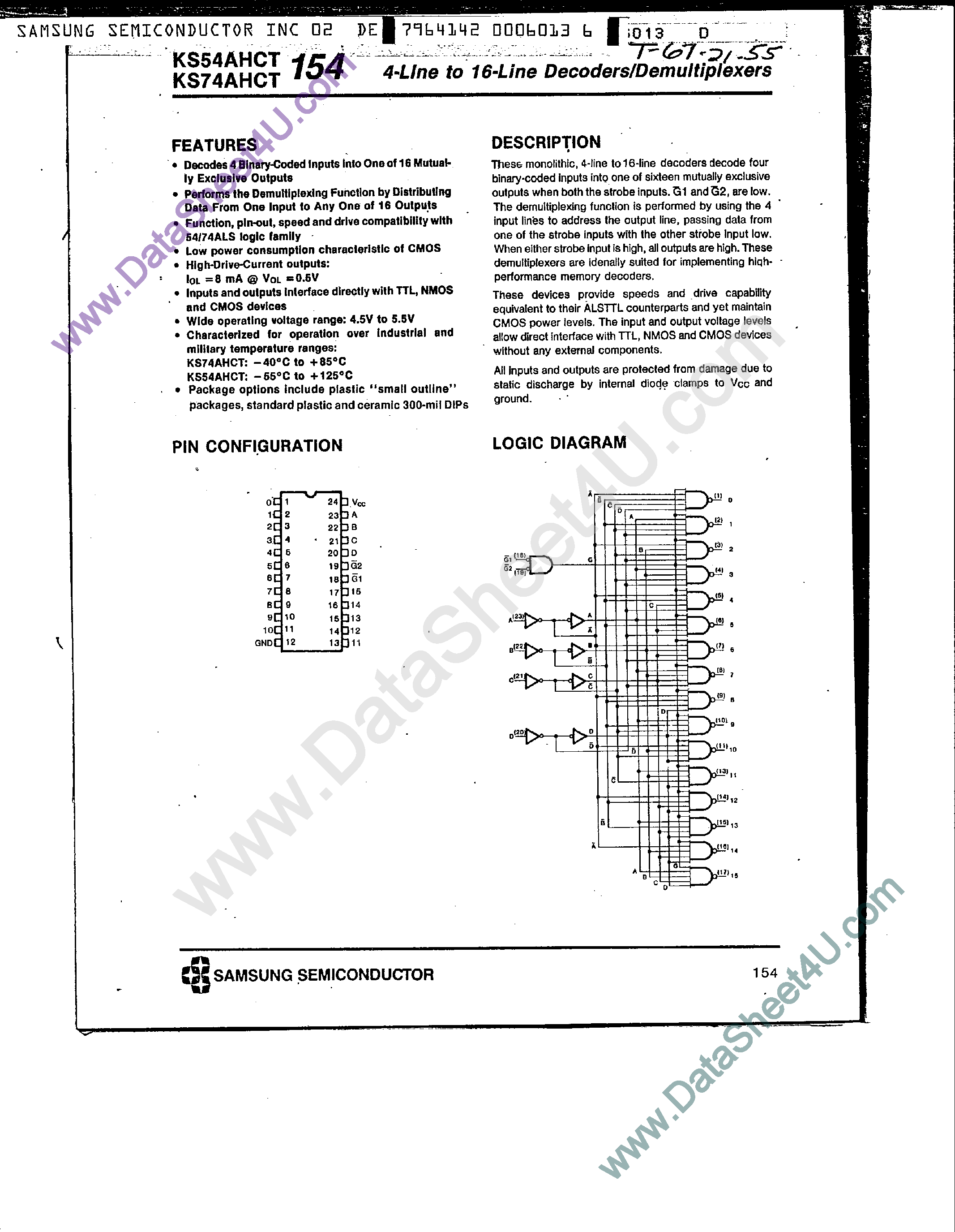 Datasheet KS74AHCT154 - 4-Line 16-Line Decoder / Demultiplexers page 1