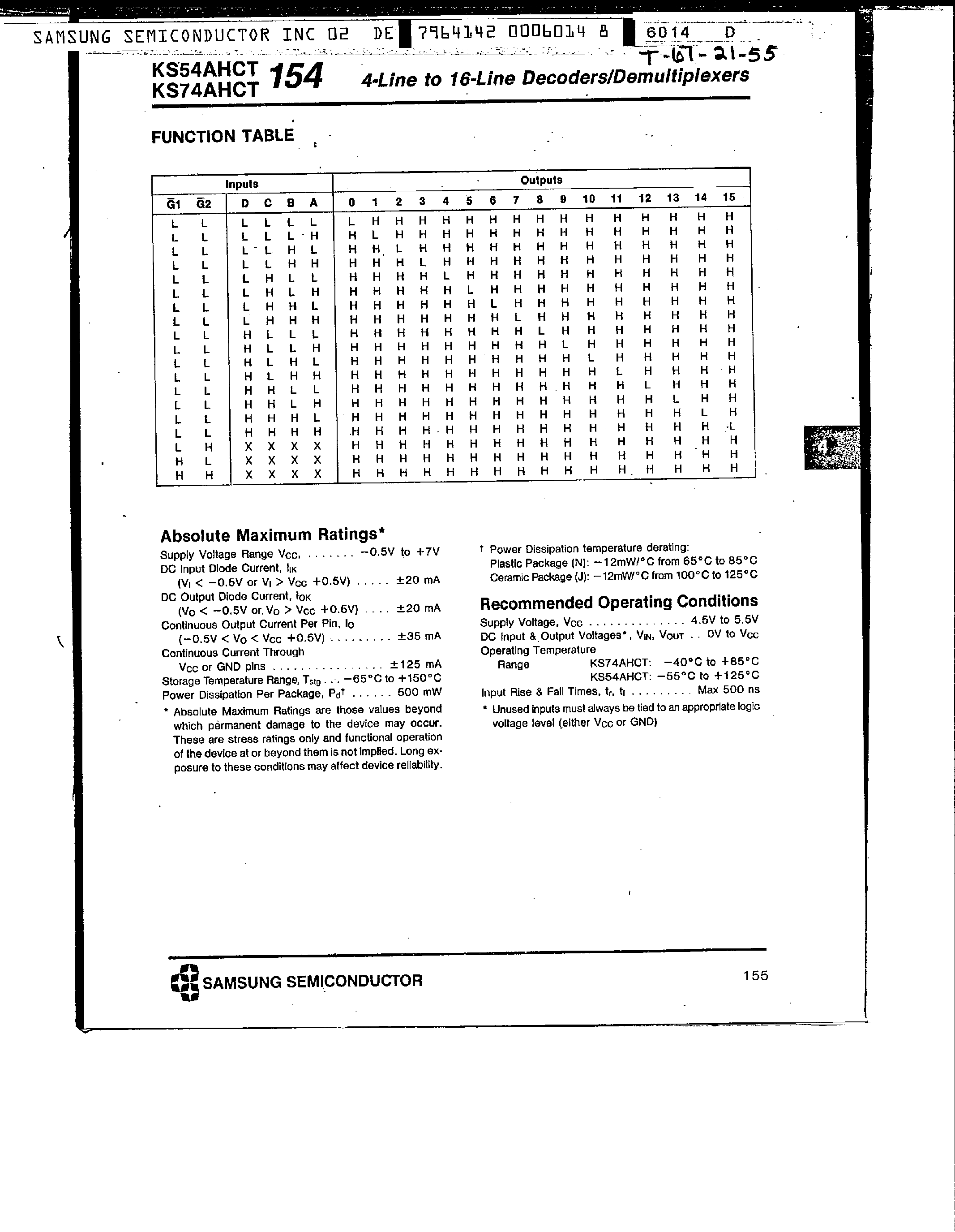 Datasheet KS74AHCT154 - 4-Line 16-Line Decoder / Demultiplexers page 2