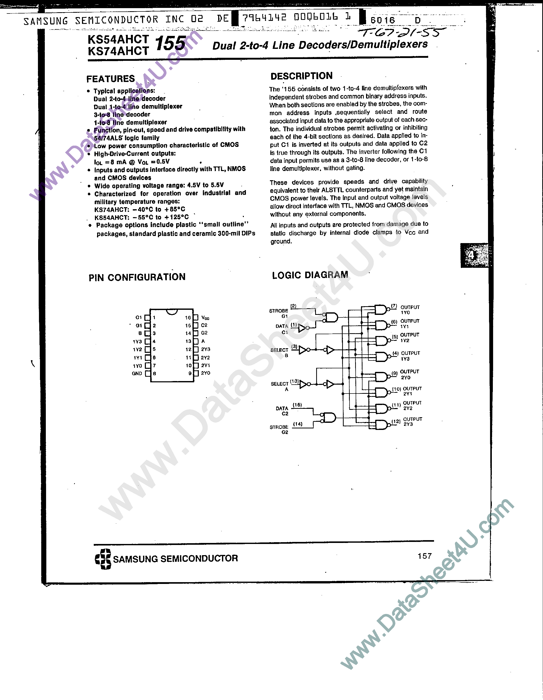 Datasheet KS74AHCT155 page 1 Datasheet KS74AHCT155 - Dual 2-to-4 Line Decoder / Demultiplexers page 1