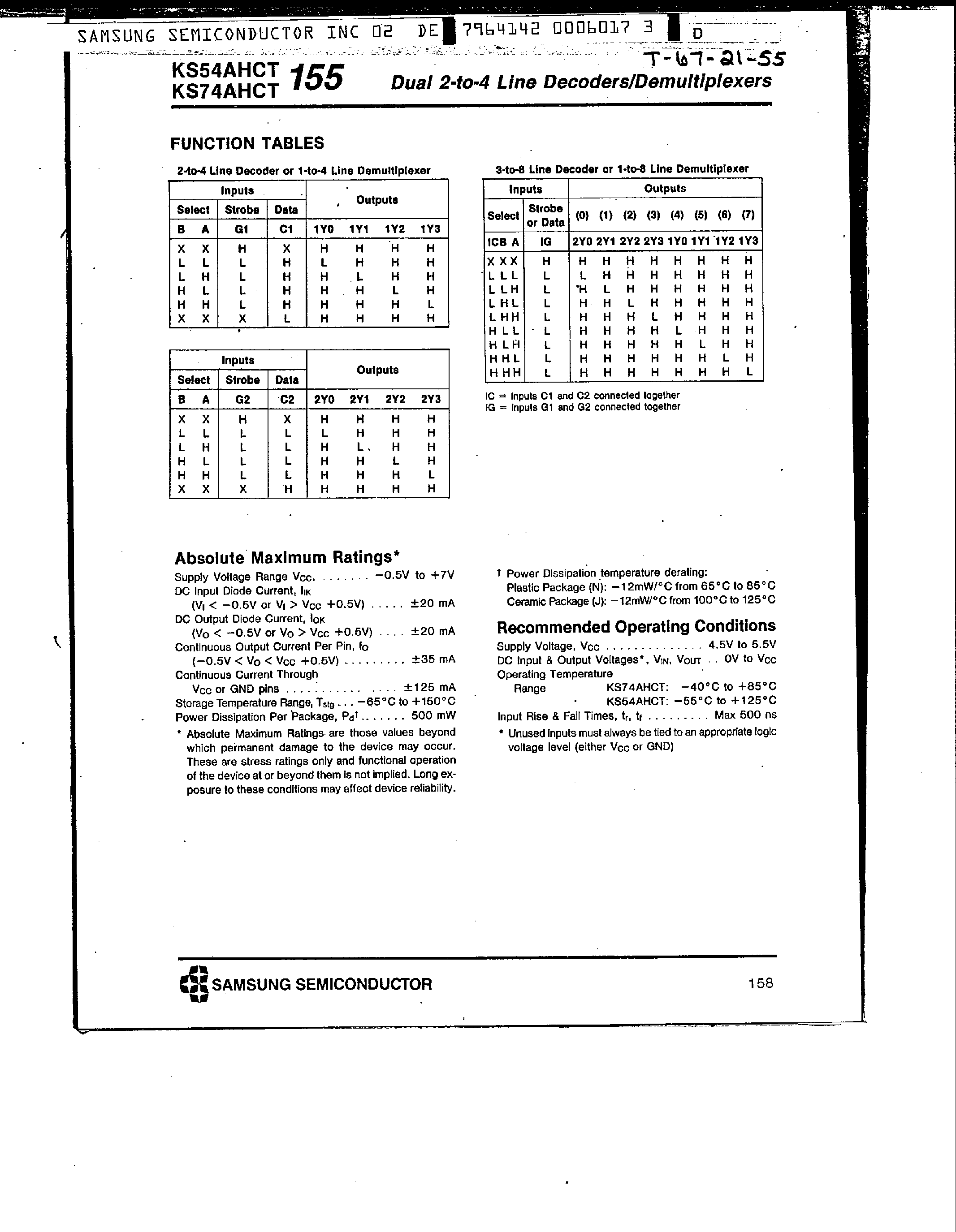 Datasheet KS74AHCT155 page 2 Datasheet KS74AHCT155 - Dual 2-to-4 Line Decoder / Demultiplexers page 2