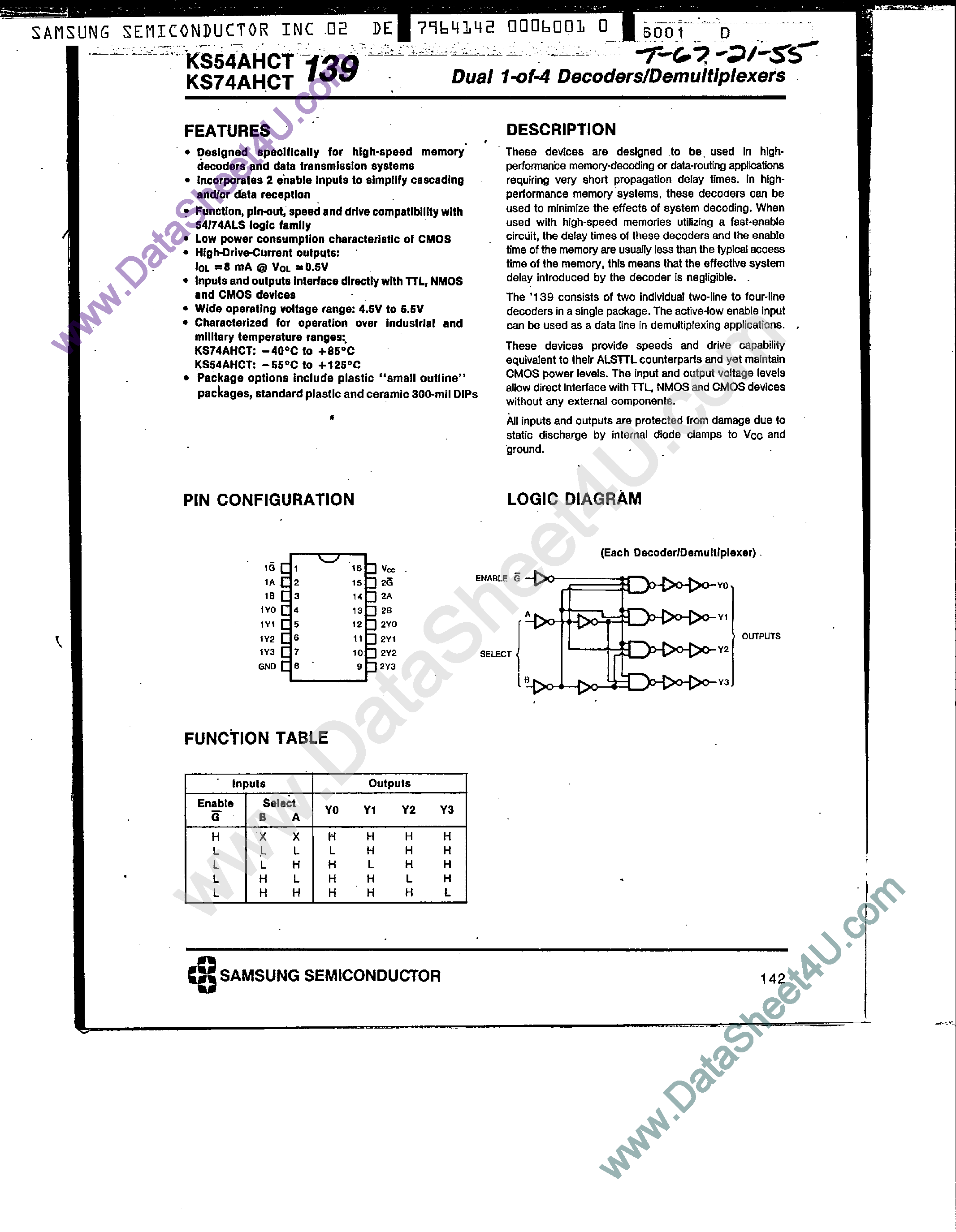 Datasheet KS74AHCT139 - Dual 1-of-4 Line Decoder / Demultiplexers page 1
