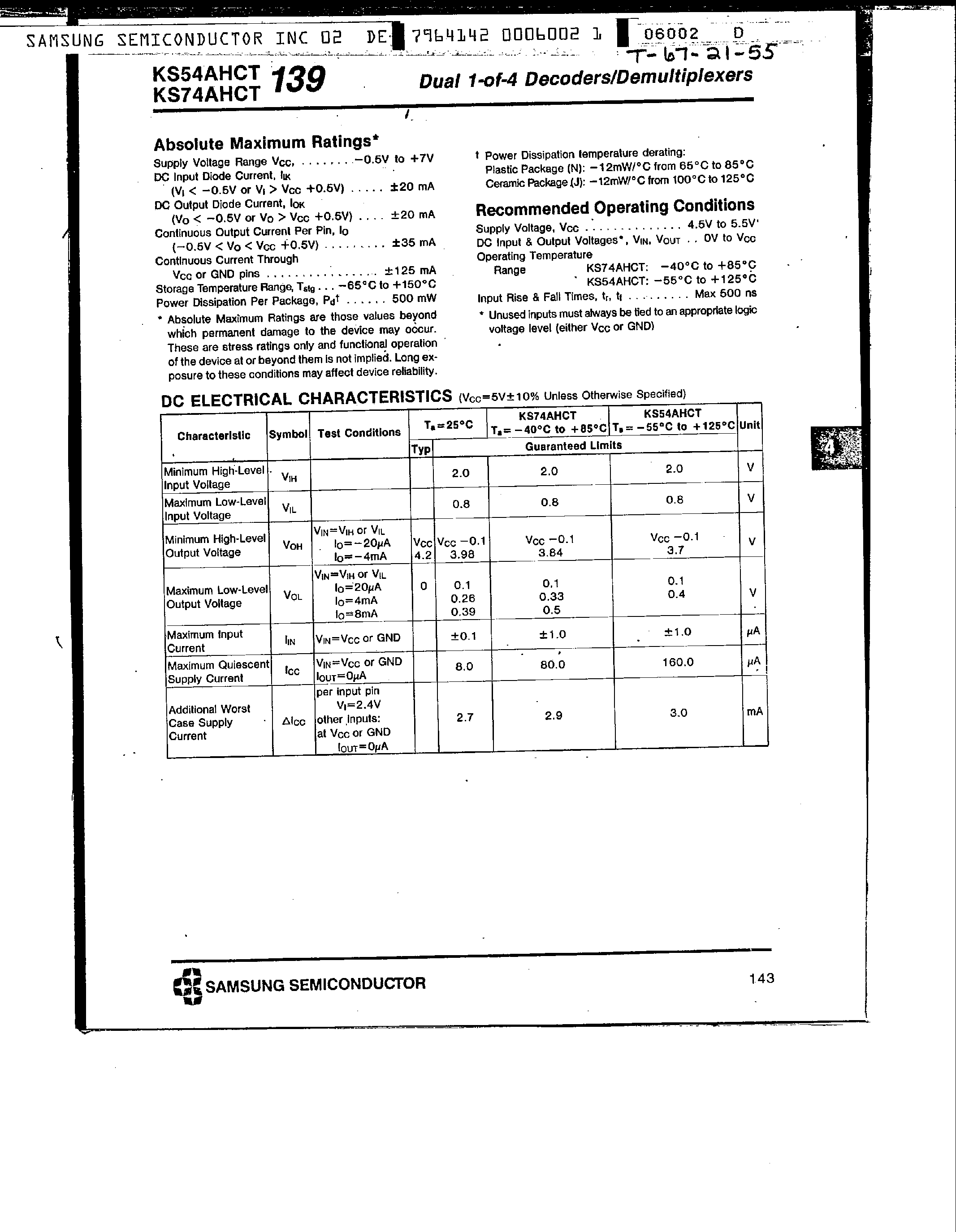 Datasheet KS74AHCT139 - Dual 1-of-4 Line Decoder / Demultiplexers page 2