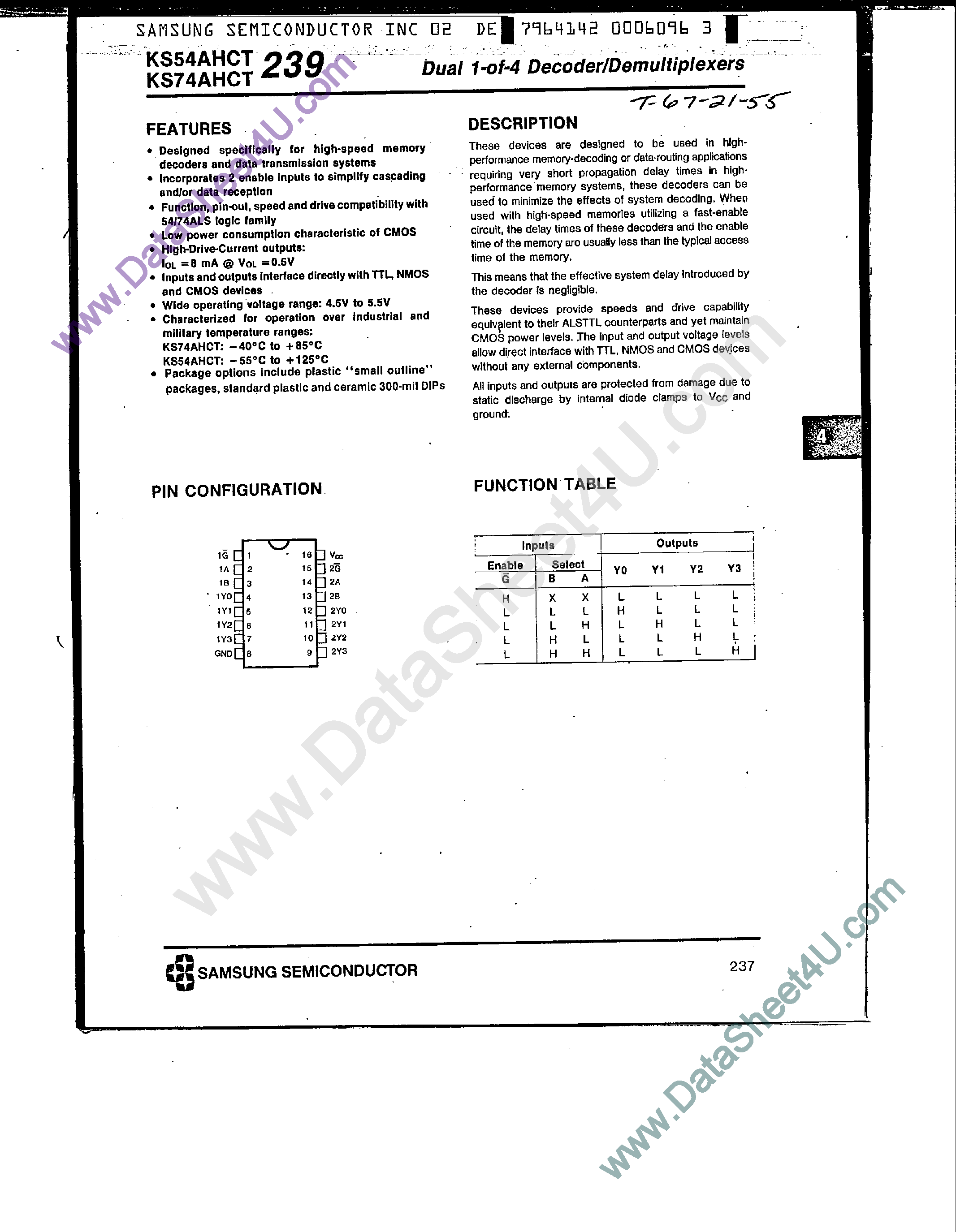 Datasheet KS74AHCT239 - Dual 1-of-4 Line Decoder / Demultiplexers page 1