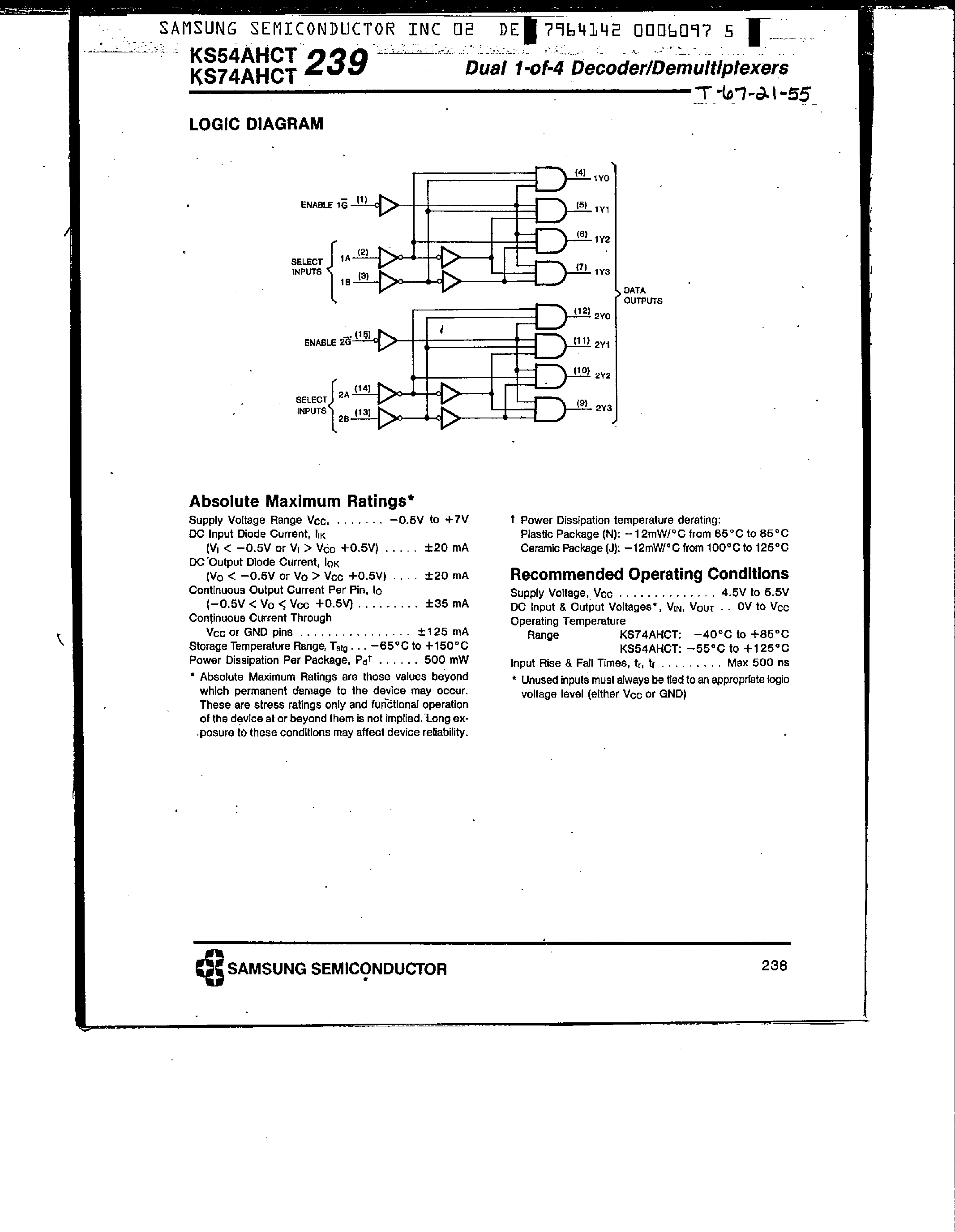 Datasheet KS74AHCT239 - Dual 1-of-4 Line Decoder / Demultiplexers page 2