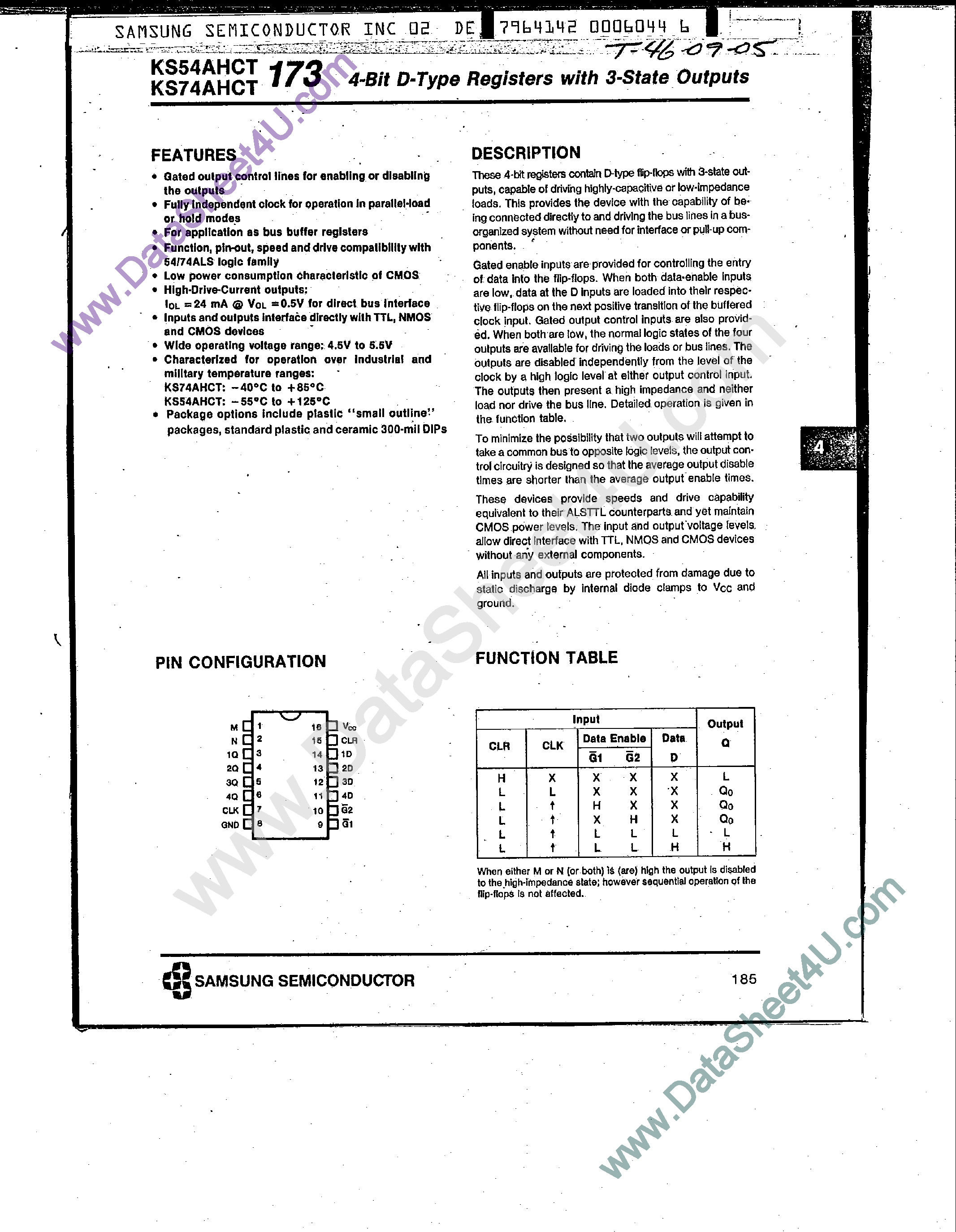 Datasheet KS74AHCT173 page 1 Datasheet KS74AHCT173 - 4-Bit D-Type Registers page 1