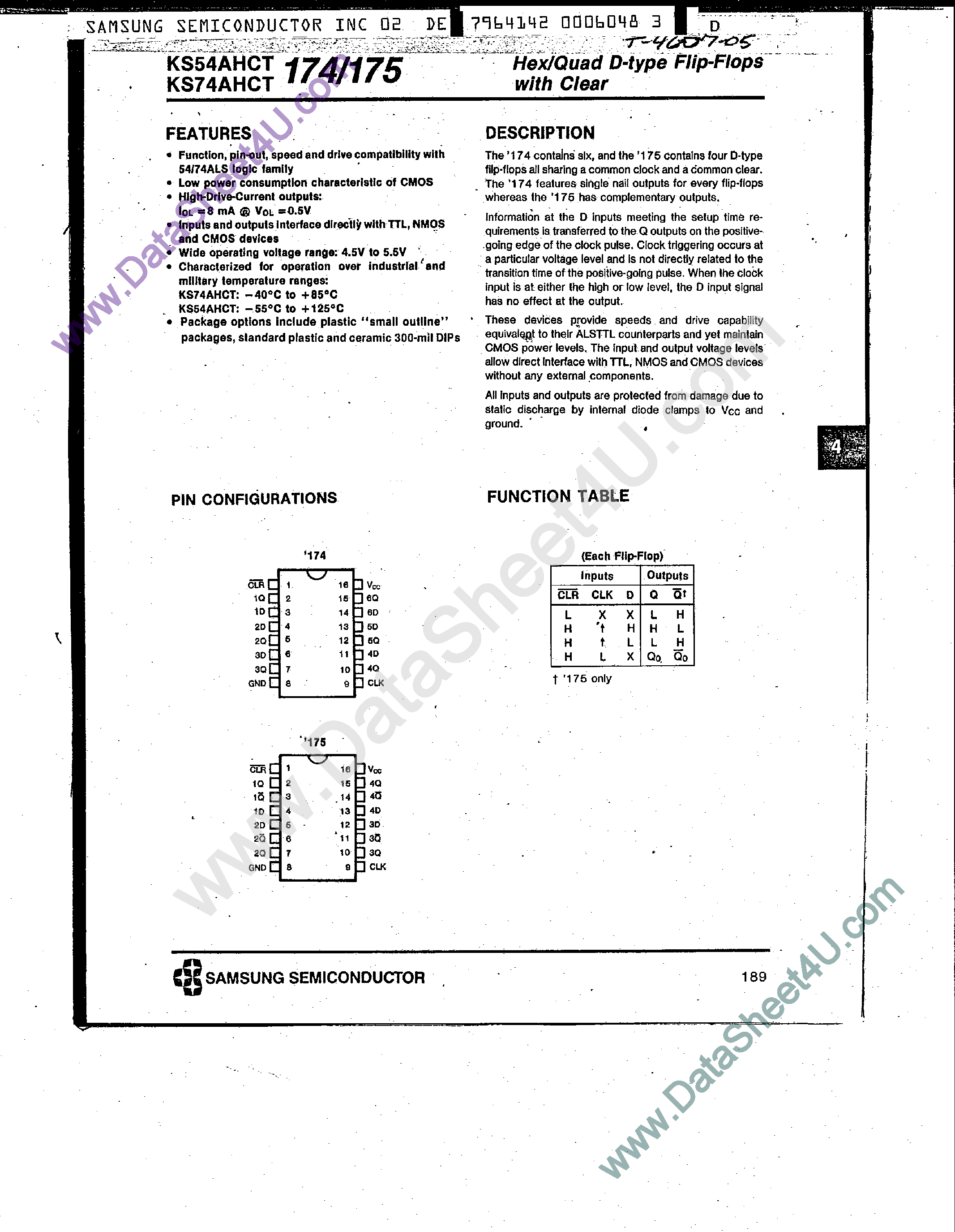 Datasheet KS74AHCT174 - (KS74AHCT174 / KS74AHCT175) Hex / Quad D-Type Flip-Flops page 1