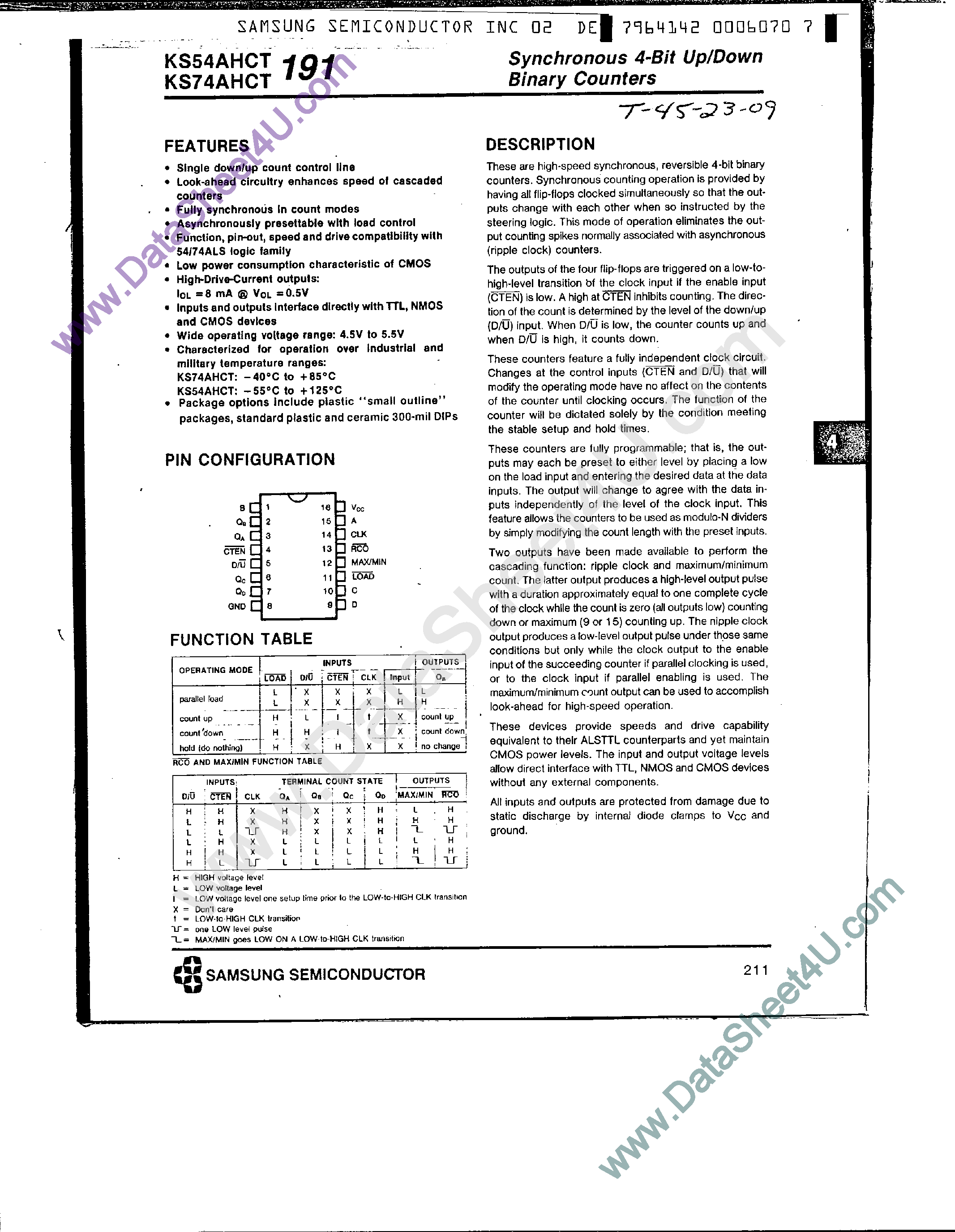 Datasheet KS74AHCT191 page 1 Datasheet KS74AHCT191 - Synchronous 4-Bit Up/Down Binary Counters page 1