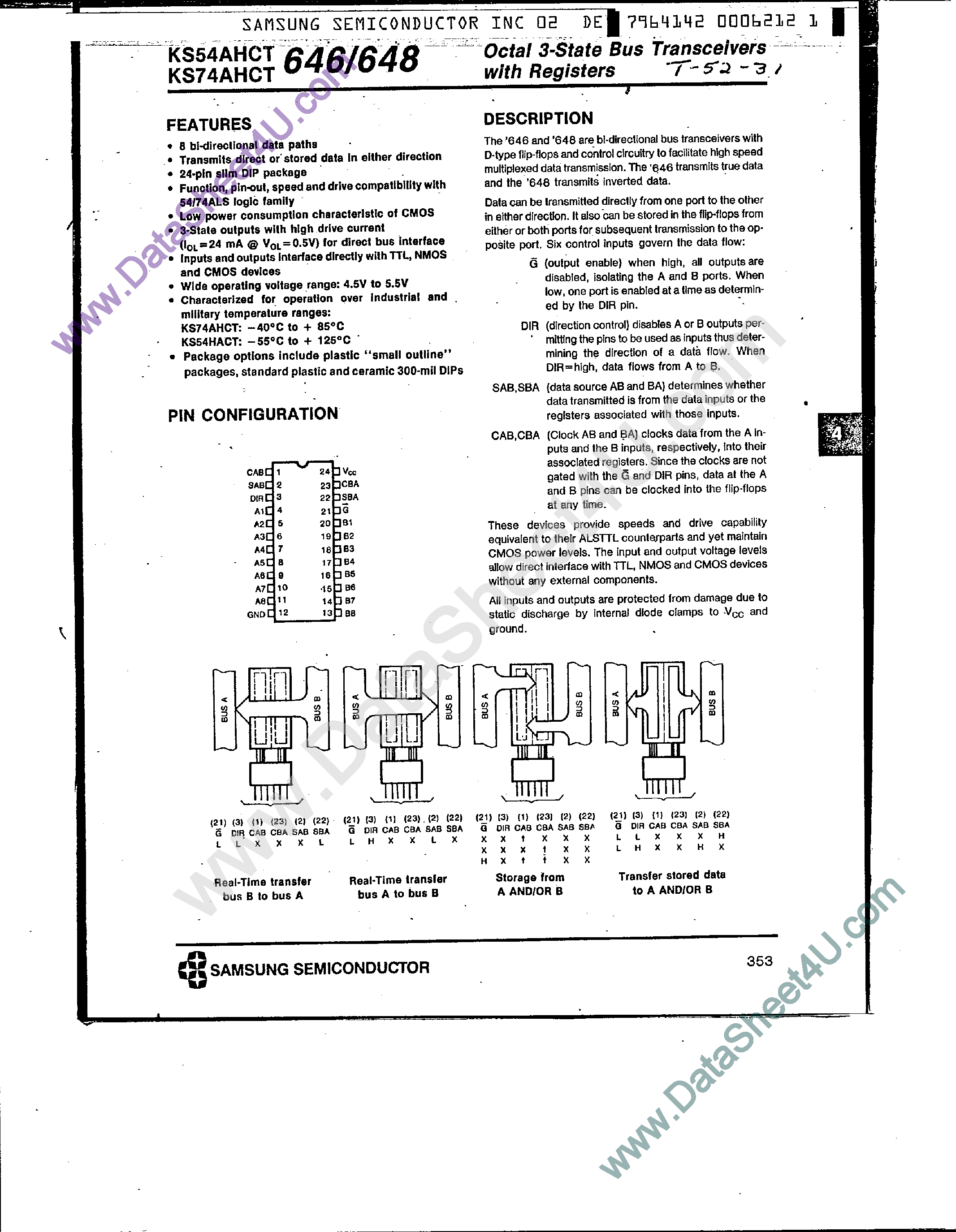 Datasheet KS74AHCT646 - (KS74AHCT646 / KS74AHCT648) Octal 3-State Bus Transceivers page 1