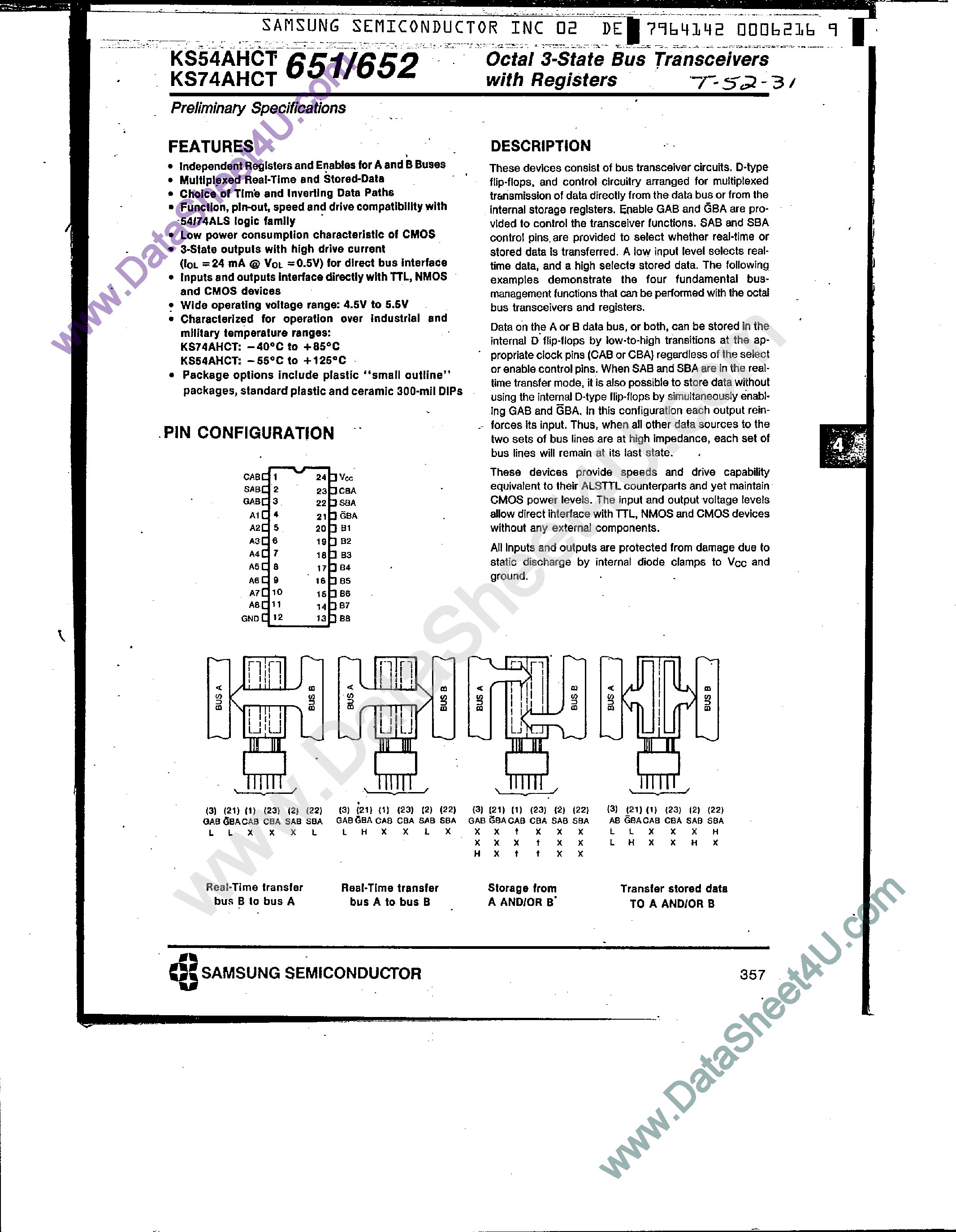 Datasheet KS74AHCT651 - (KS74AHCT651 / KS74AHCT652) Octal 3-State Bus Transceivers page 1
