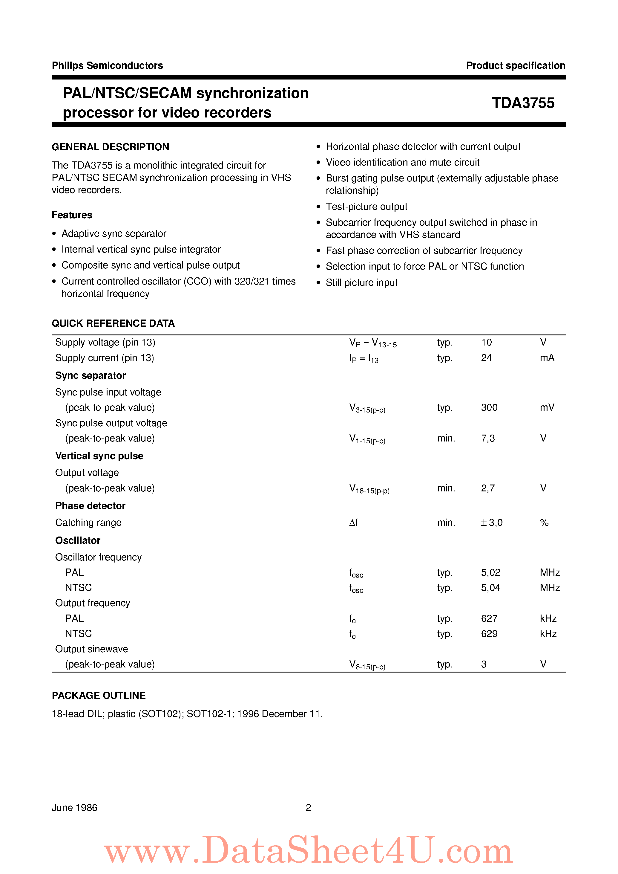Datasheet TDA3755 - PAL/NTSC/SECAM Synchronization Processor page 2