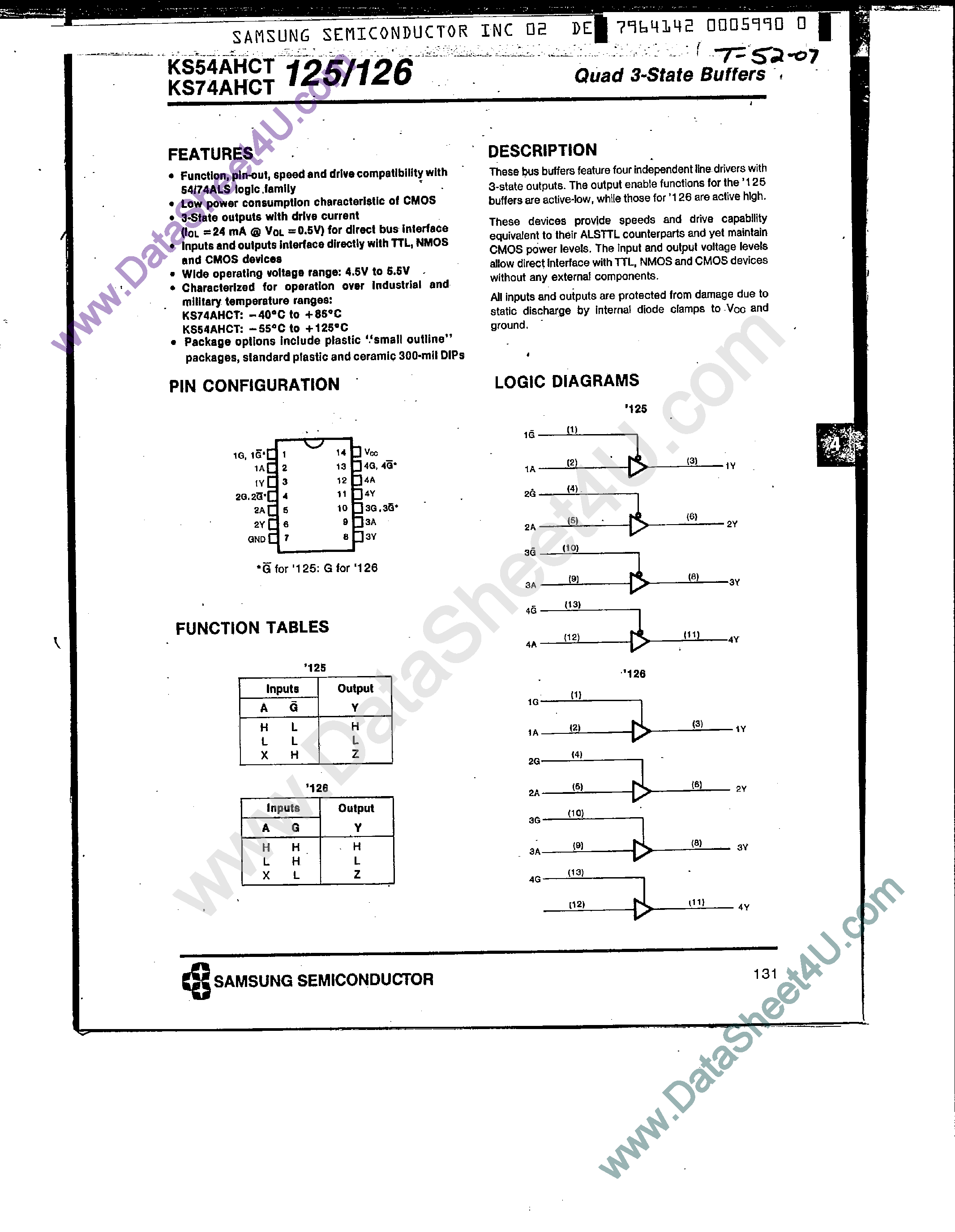 Datasheet KS74AHCT126 - (KS74AHCT125 / KS74AHCT126) Quad 3-State Buffers page 1