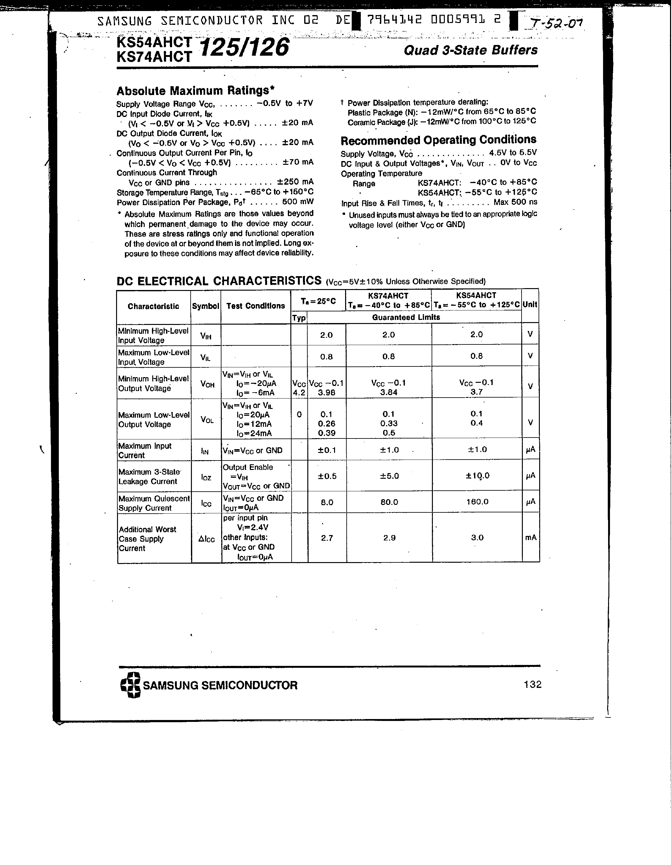 Datasheet KS74AHCT126 - (KS74AHCT125 / KS74AHCT126) Quad 3-State Buffers page 2